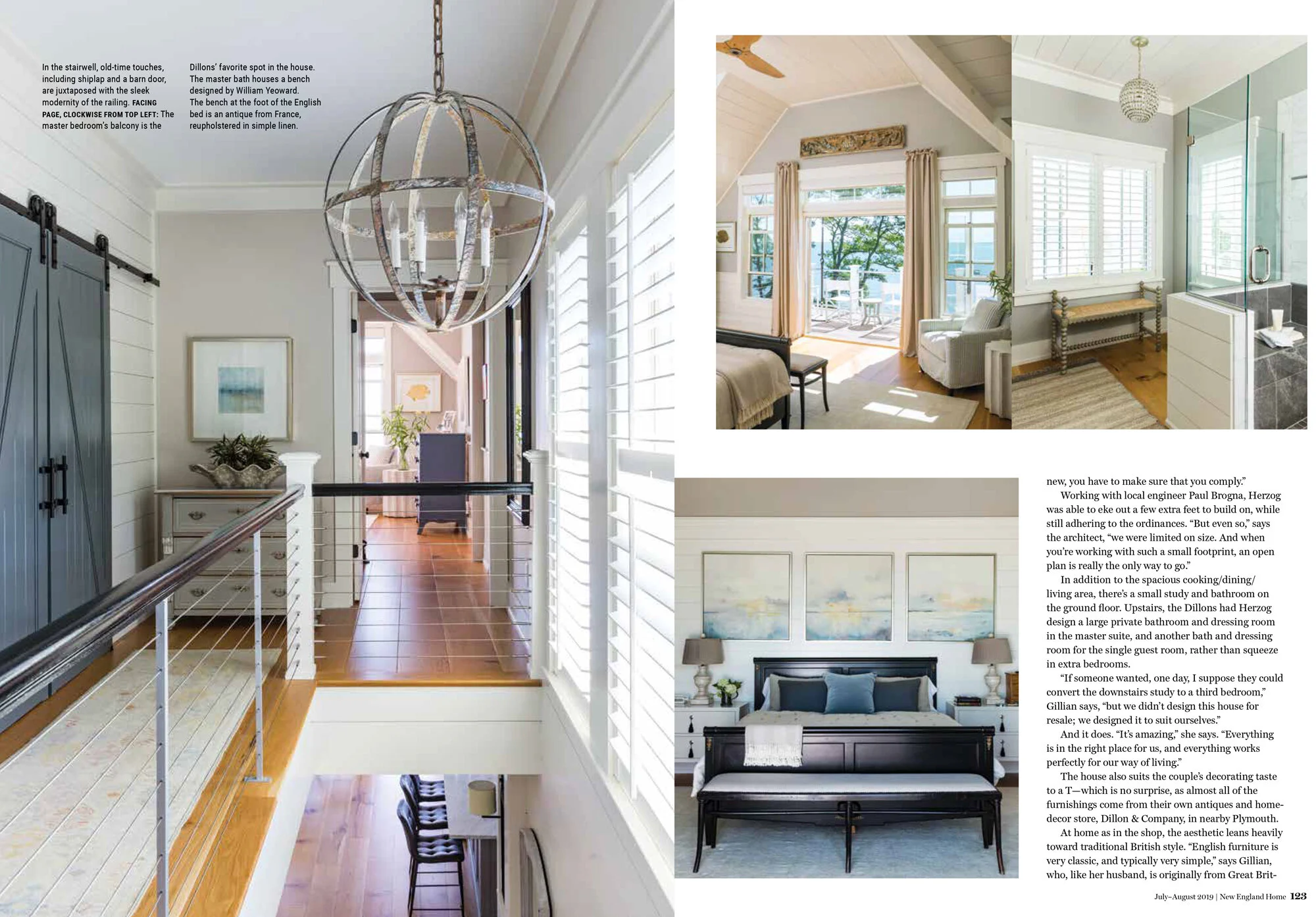 Interior of a home featuring a staircase landing with a white dresser, a large modern chandelier, and views into various rooms with light-colored walls, hardwood floors, and large windows with shutters.