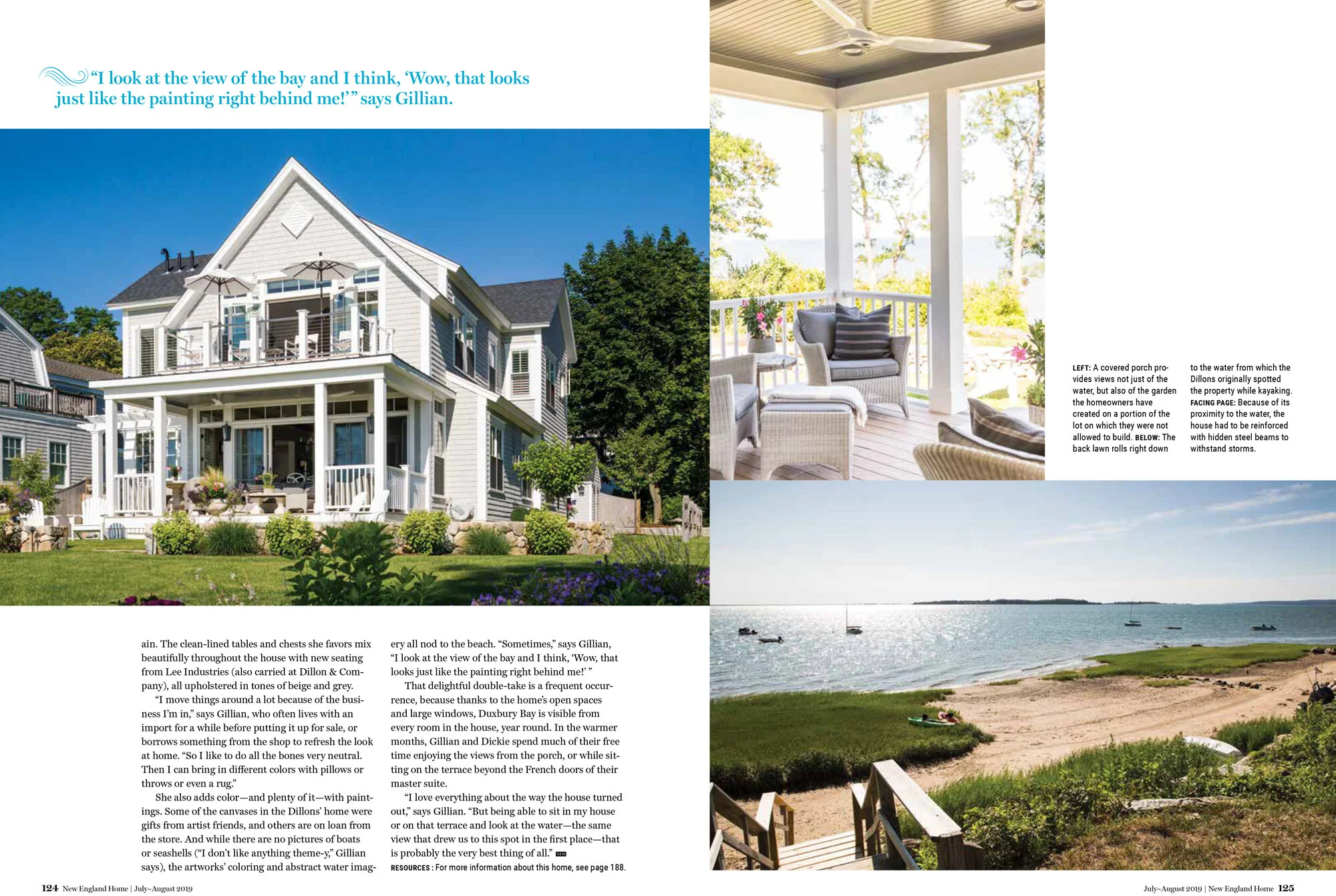Photo of a white, multi-story house with an outdoor porch, surrounded by a manicured lawn and garden, overlooking a bay with boats in the water.