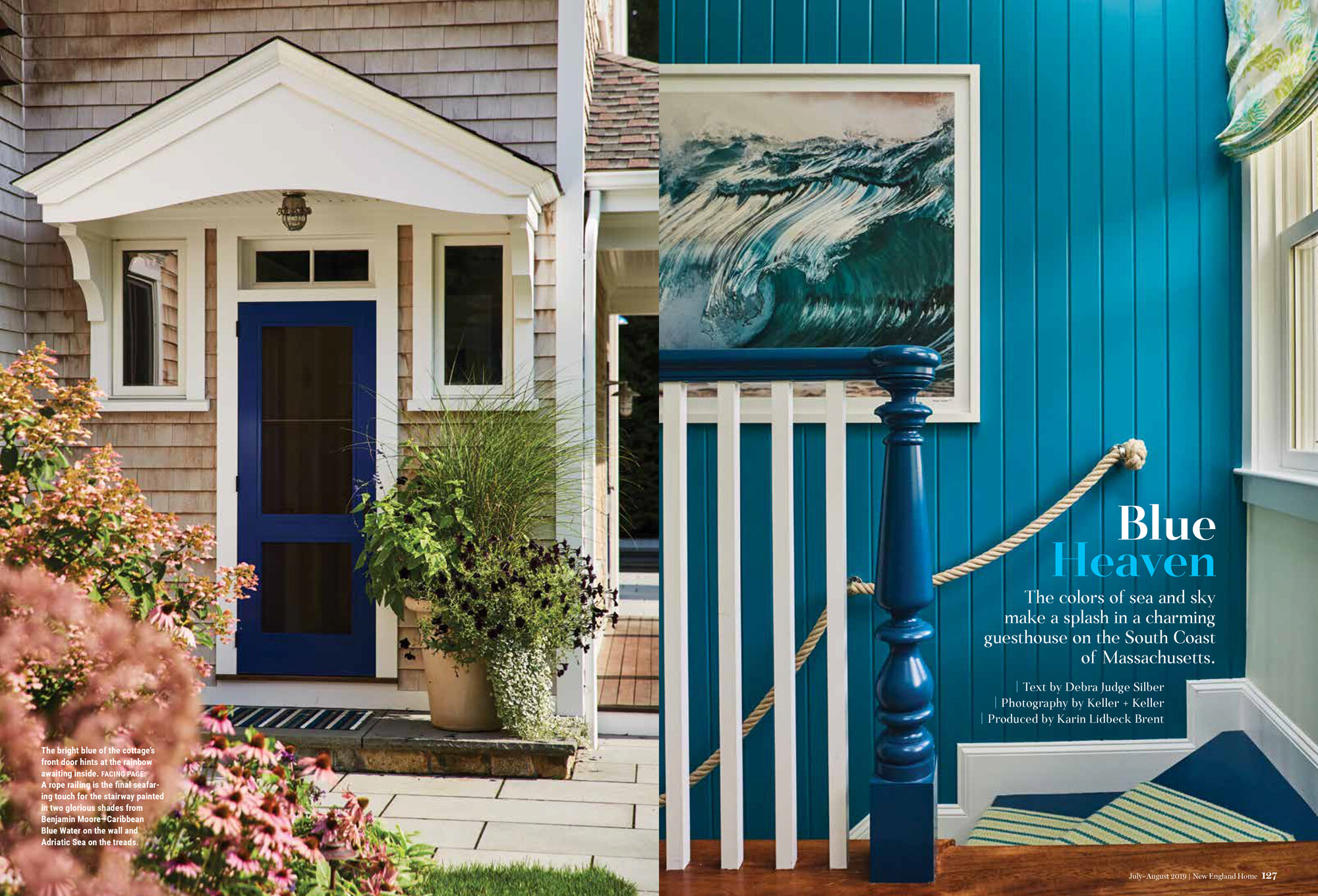 A split image of a house exterior and a decorated interior, featuring blue accents, a colorful house front with plants, and a vibrant blue wallpaper with a wave painting.