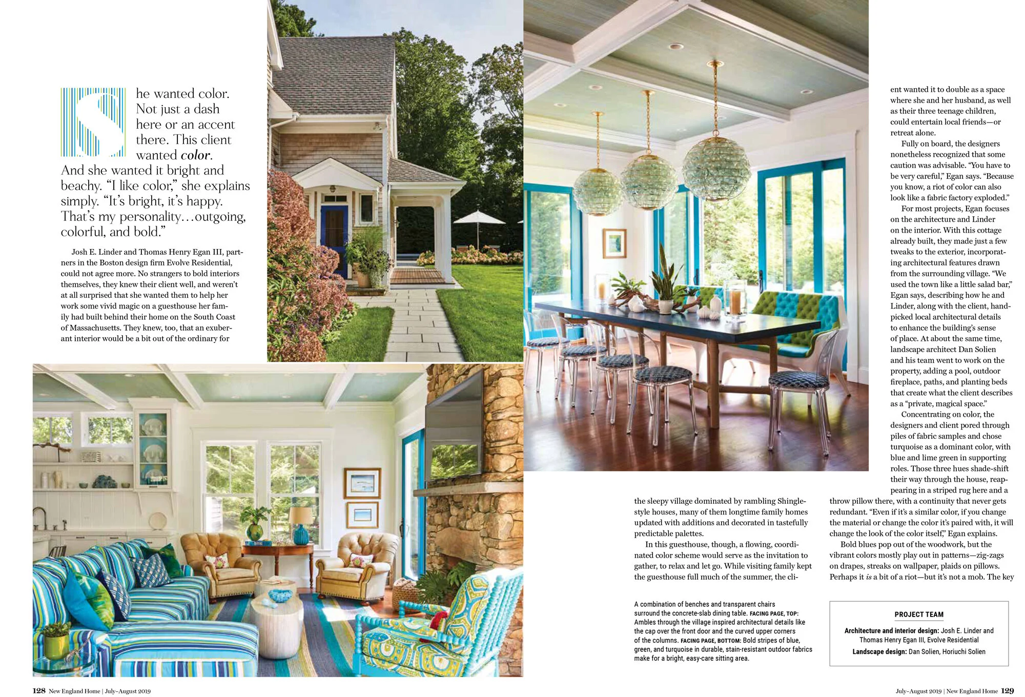 Design magazine spread featuring images of colorful home interiors and exteriors, with text discussing color choices in interior and exterior design.