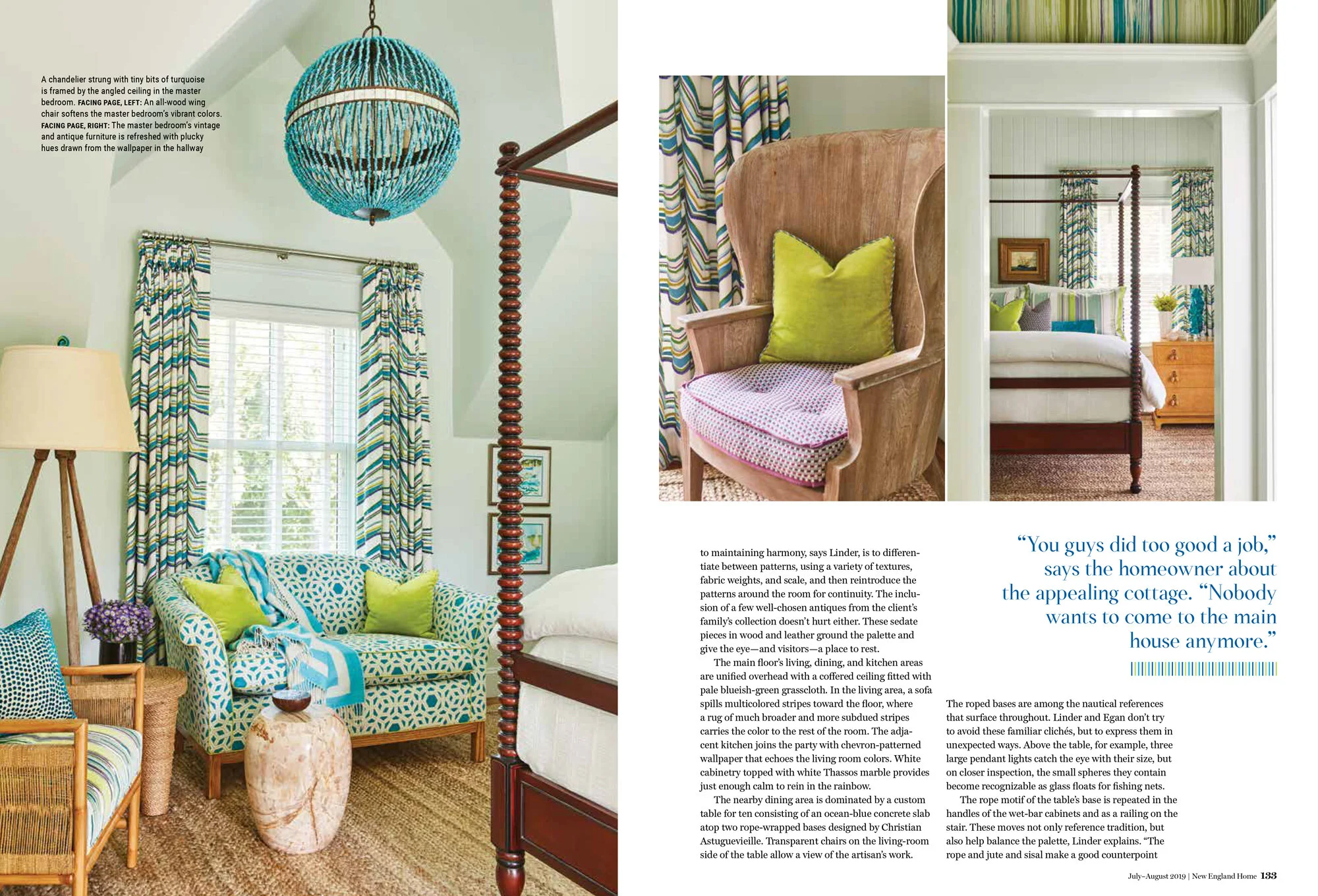A bedroom with a four-poster bed, a patterned armchair with green pillows, blue and green striped curtains, a TV, and décor with a coastal theme.