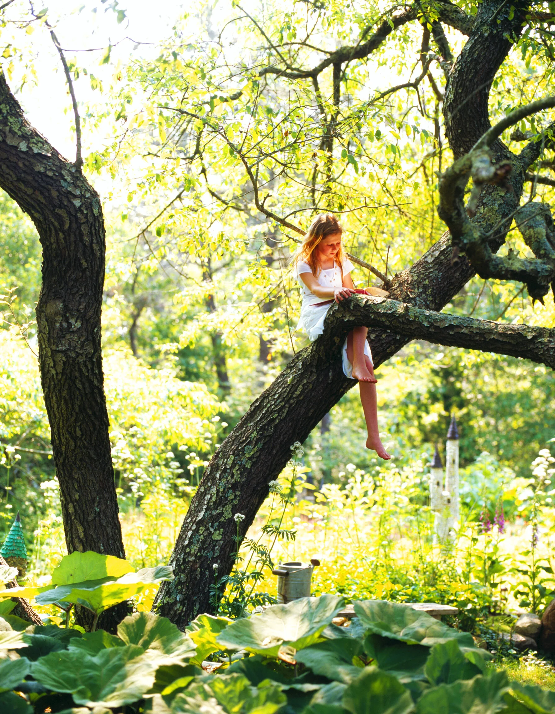 A girl in a white dress sitting on a tree branch surrounded by lush green trees and plants, with a castle in the background.