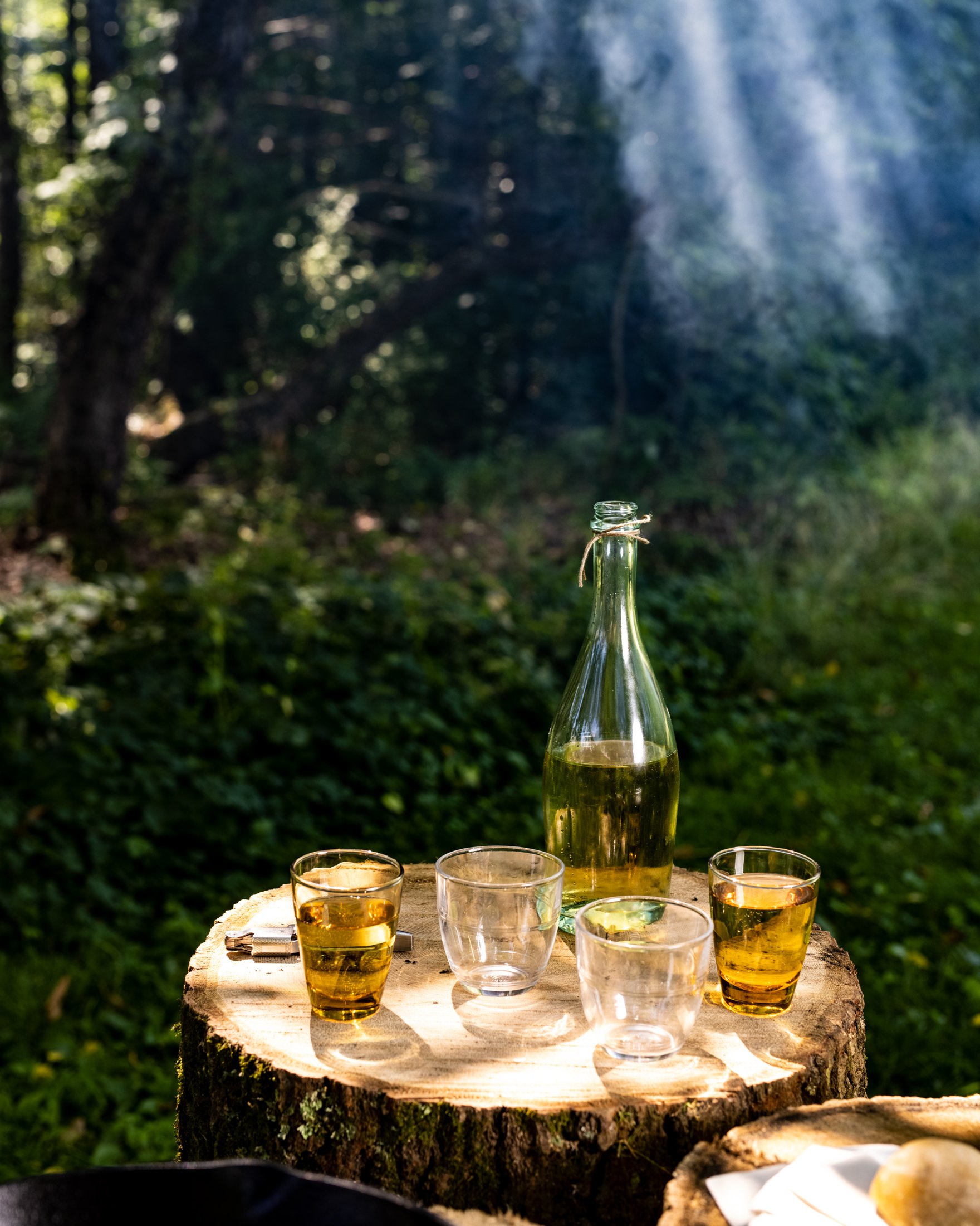 A glass bottle of white wine on a tree stump surrounded by four glasses, three with white wine and one empty, in a forest setting with sunlight filtering through trees.