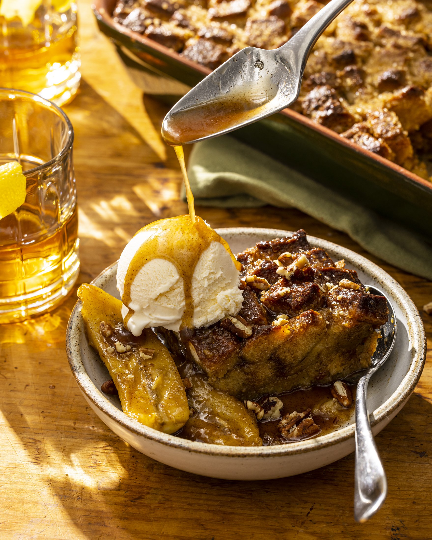 Bananas foster bread pudding. Boston based food photographer.