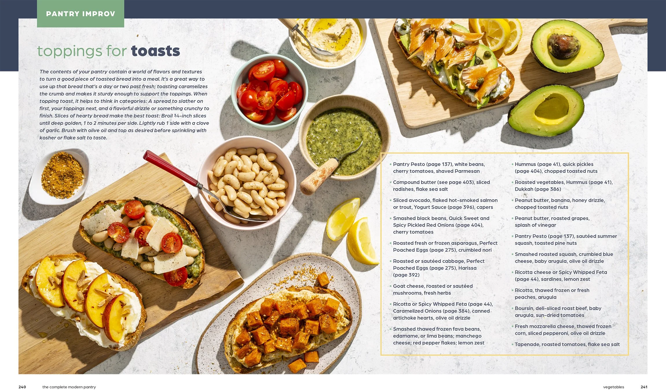 Assorted toppings for toasts displayed on a table, including cherry tomatoes, white beans, avocado, smoked salmon, black beans, and various spreads with lemons, an avocado half, and a small bowl of spices.