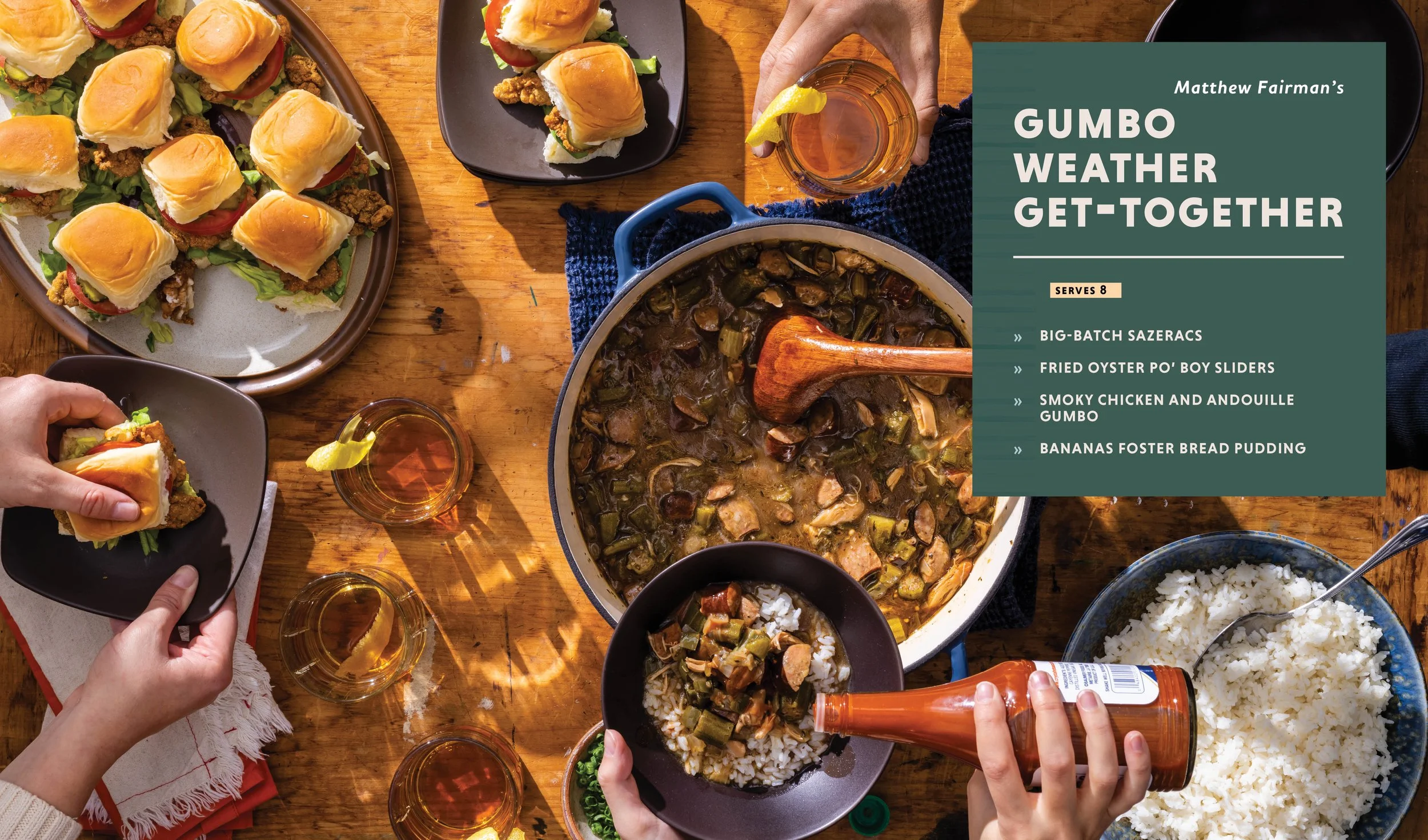 A family gathering around a wooden table with food, including sandwiches, a pot of gumbo, rice, and glasses of tea, with a recipe card on the right side listing gumbo ingredients.