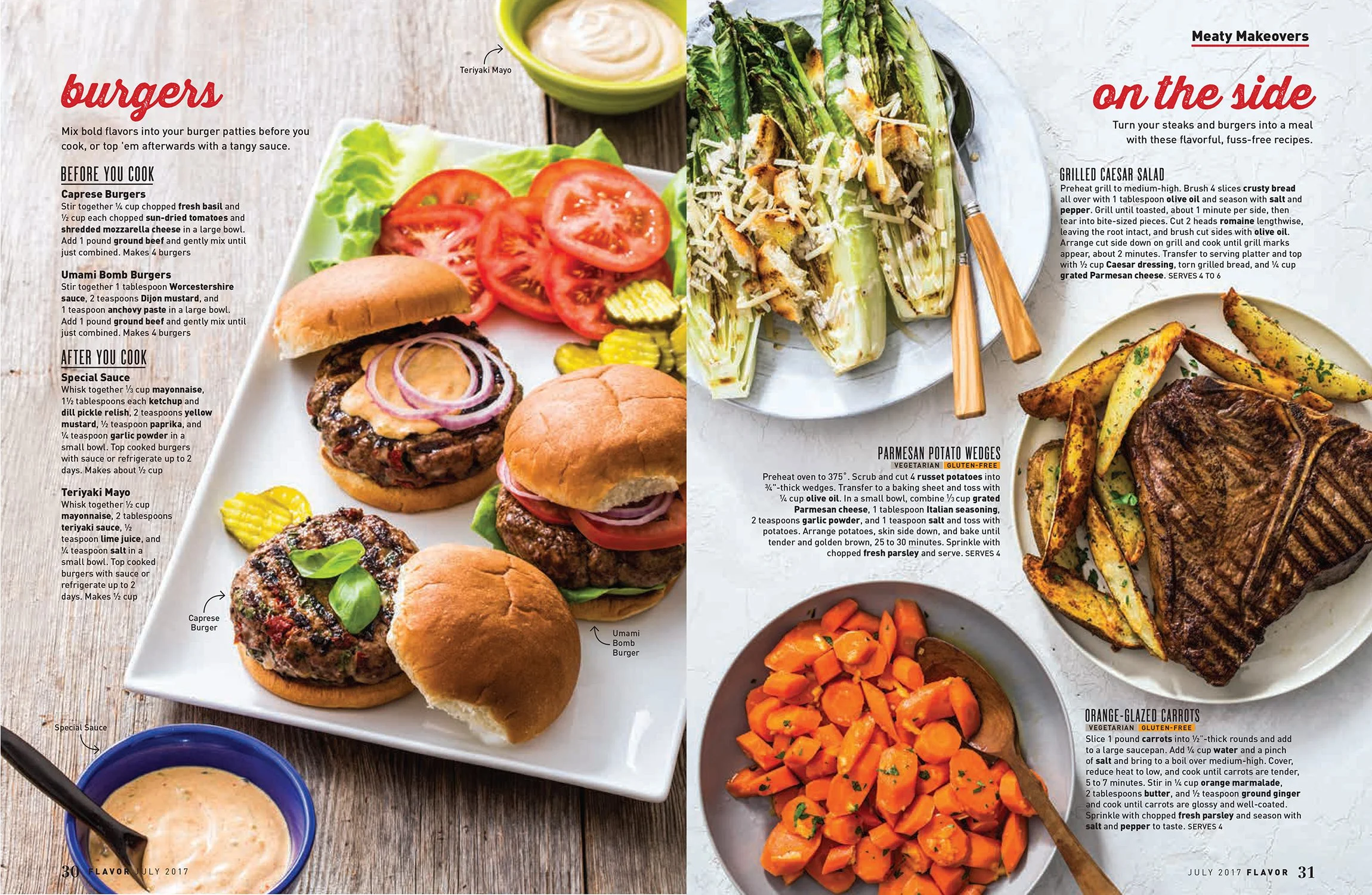 Open recipe magazine spread featuring burger ingredients and side dishes including grilled Caesar salad, parmesan potato wedges, and glazed carrots.