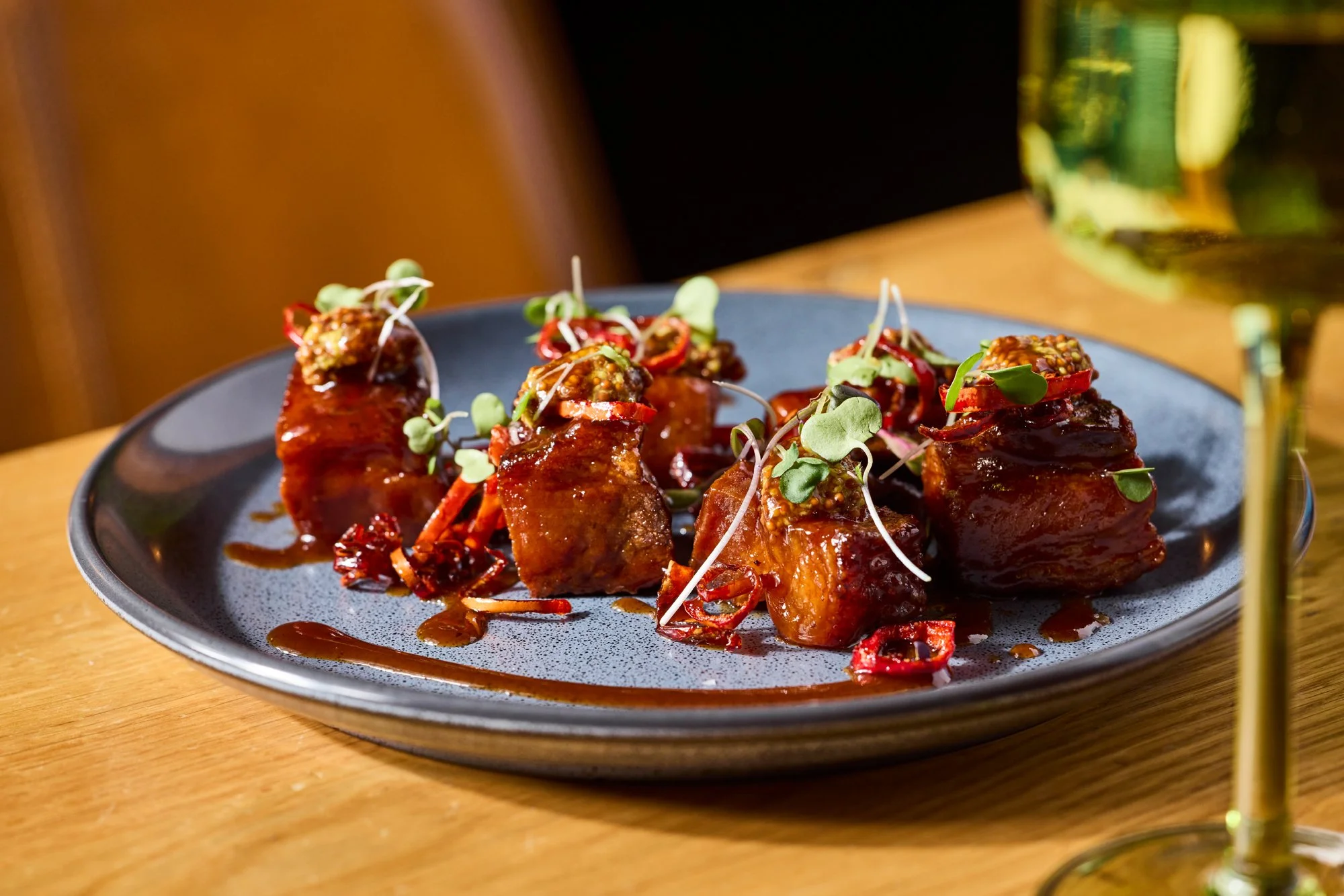 Pork belly appetizer, Restaurant photography