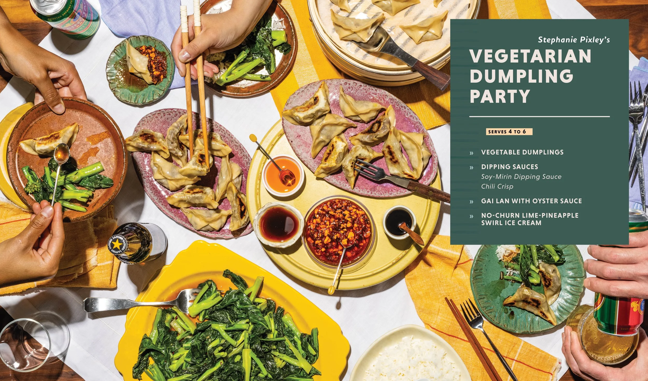 A table set for a vegetarian dumpling party with plates of steamed dumplings, bowls of dipping sauces, a bowl of rice, a plate of sautéed greens, and people serving and eating.