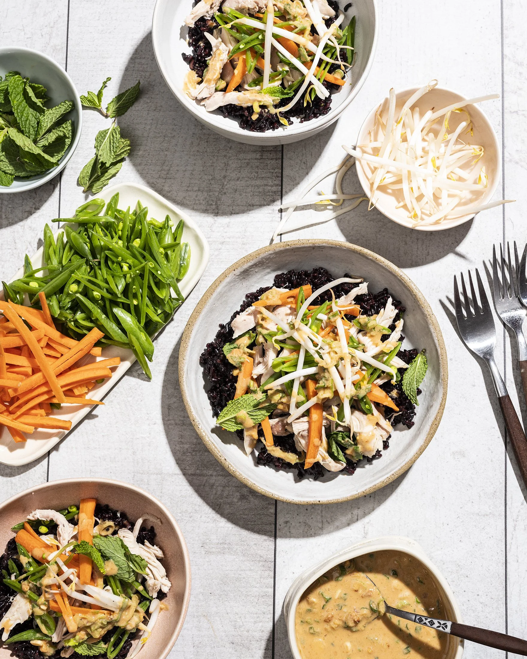 Bowls and plates of Asian-inspired salad with rice, shredded carrots, bean sprouts, green onions, and herbs, along with side dishes of fresh mint, julienned carrots, green beans, and a bowl of dipping sauce or dressing. Boston based food photographer