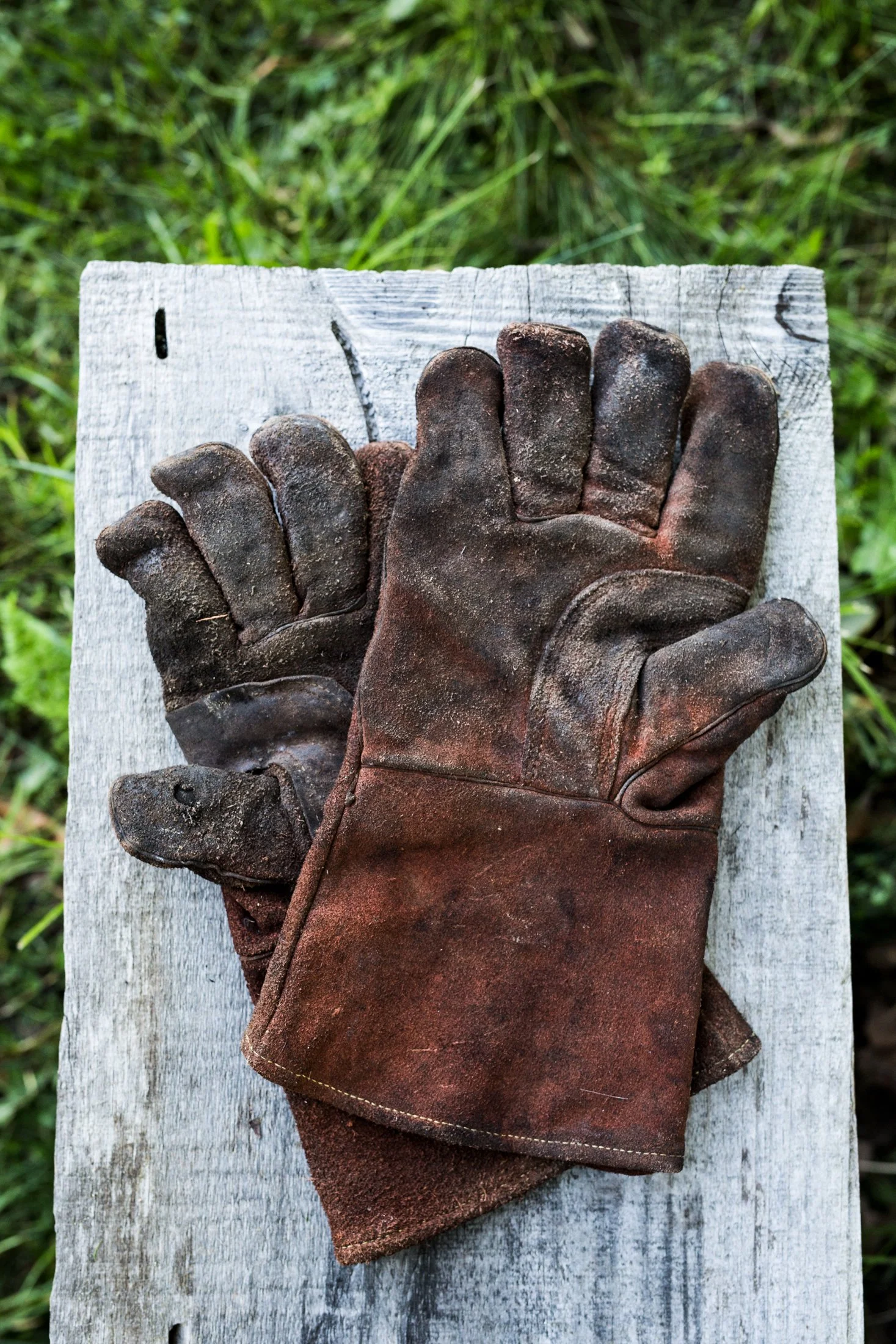 A pair of old, worn leather work gloves resting on a weathered wooden surface with grass in the background.
