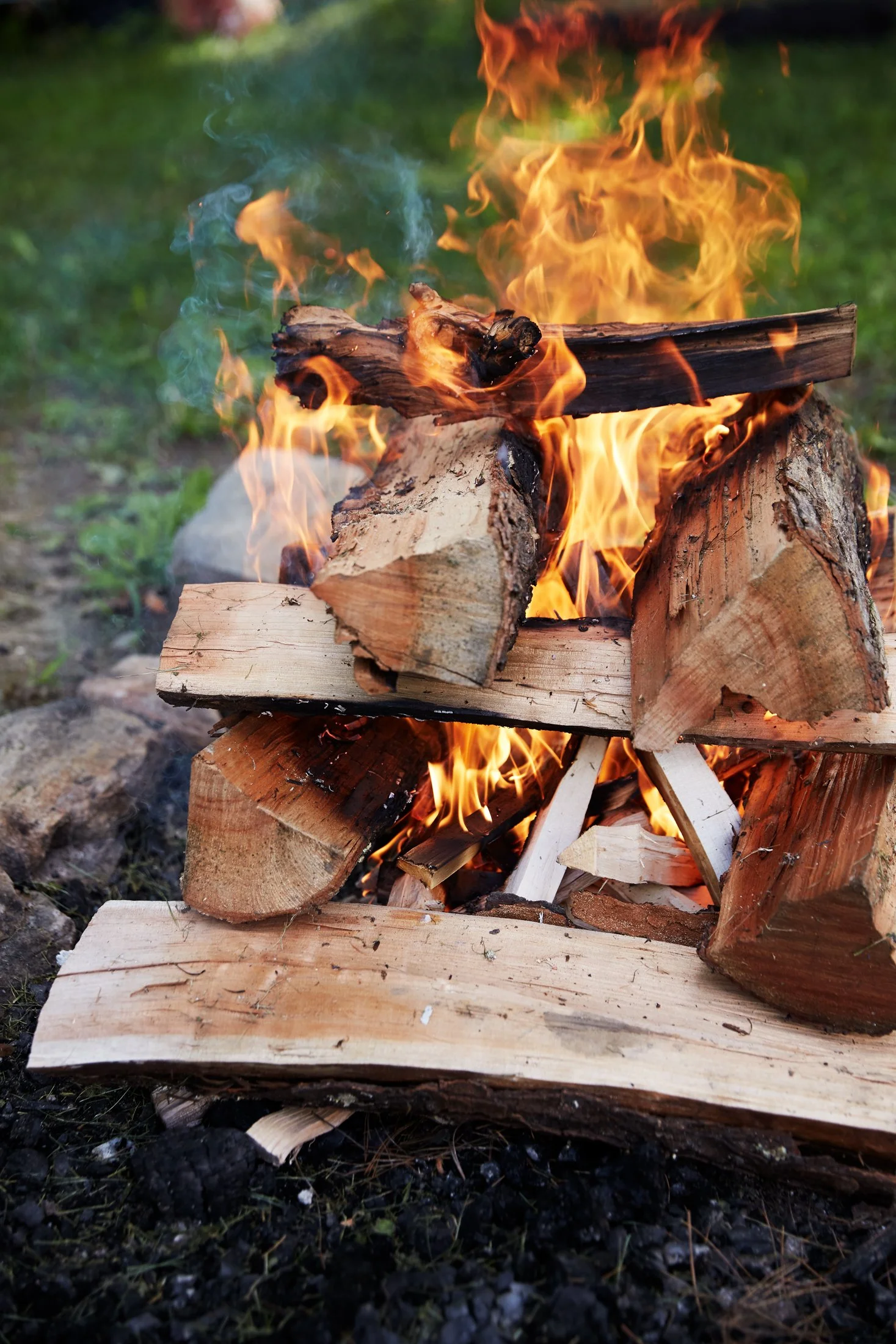 Log cabin style fire set up.