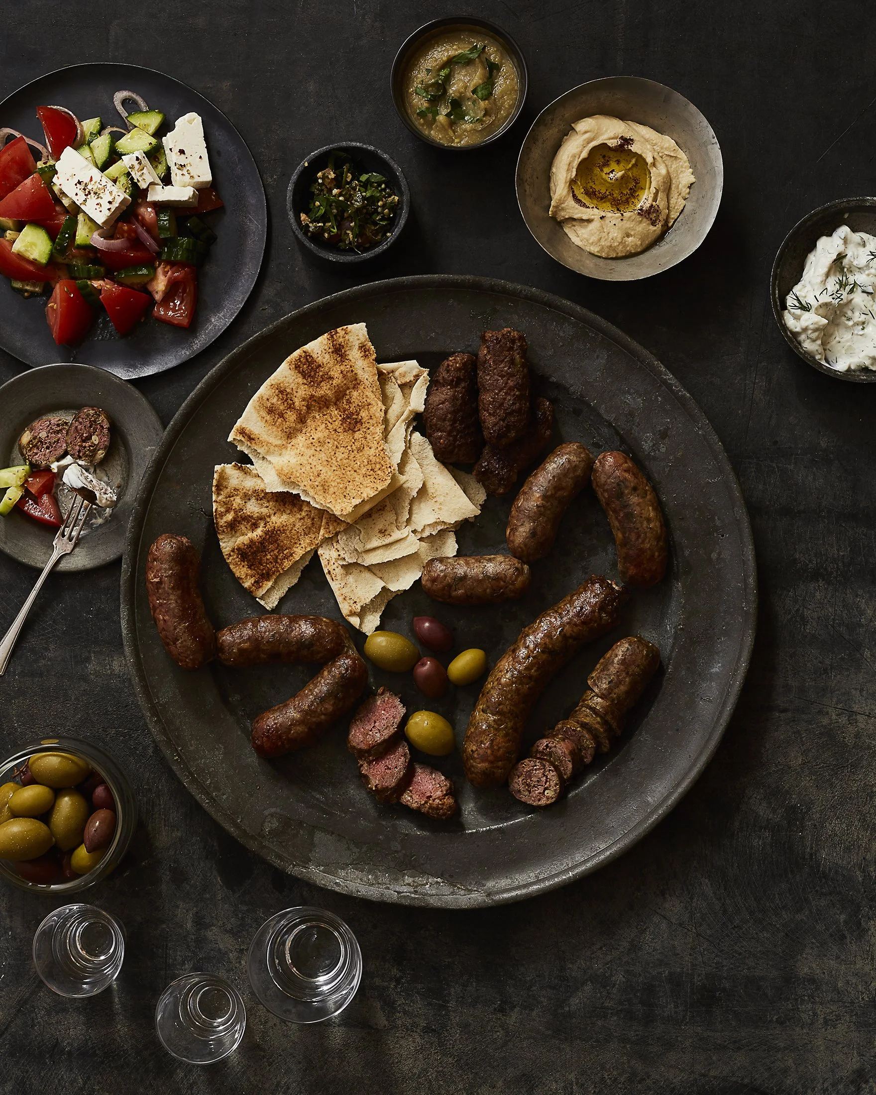 Sausages on a platter. Boston based food and hospitality photographer.