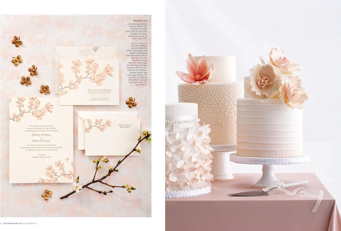Wedding invitation suite with cherry blossom design, pearl accents, a branch with blossoms, and small flower embellishments on a pink background, alongside three pastel-colored wedding cakes decorated with large flowers and textured patterns.