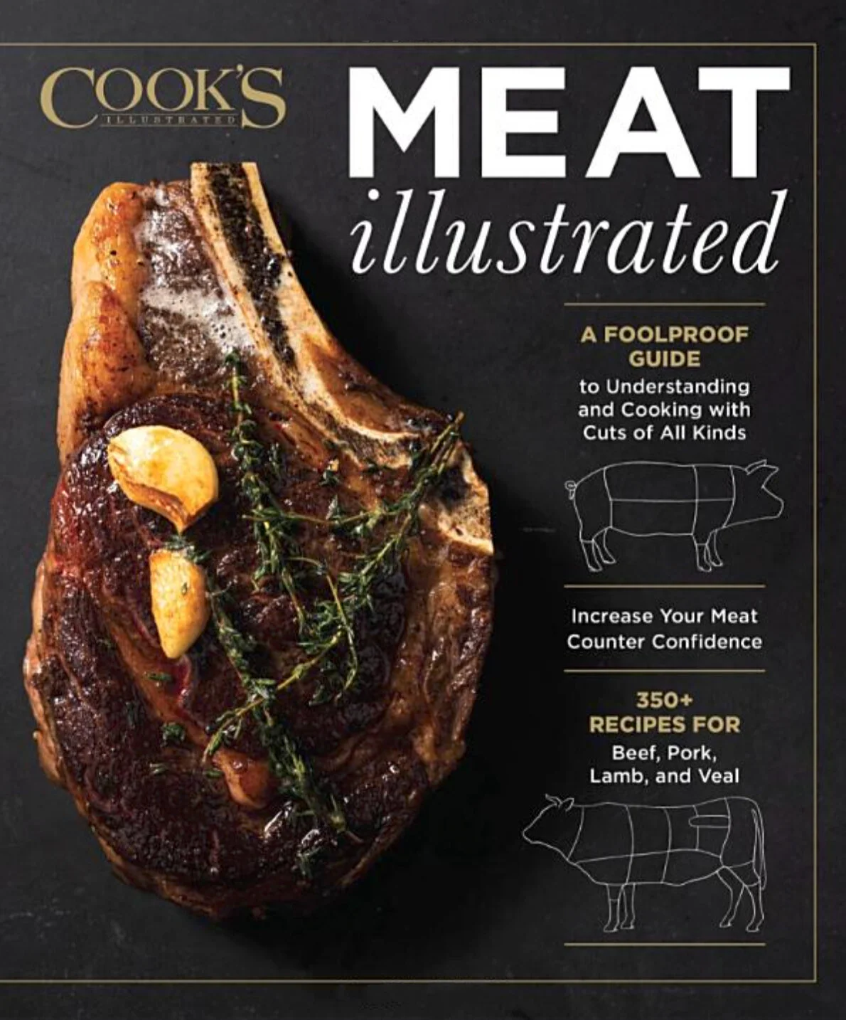 Cover of a cooking guide titled "Meat Illustrated" by Americas Test Kitchen with a raw beef rib chop garnished with garlic and thyme on a black background.
