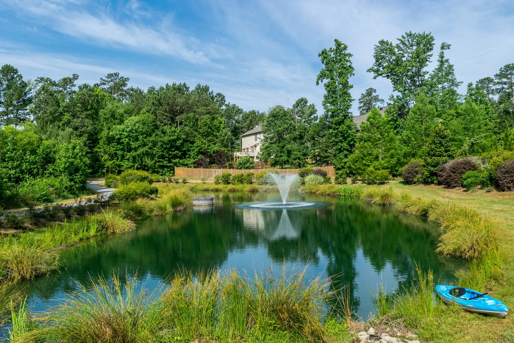 HOA stormwater retention pond with healthy water quality, beautiful fountain, and thriving aquatic plant buffer.