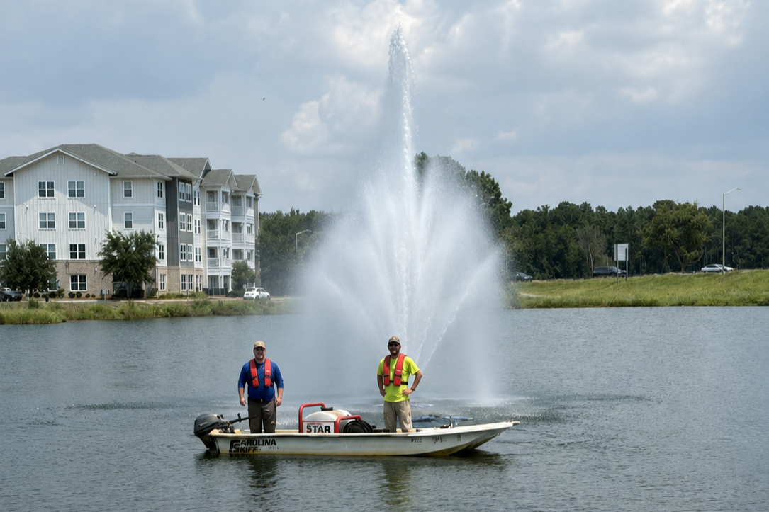 Dragonfly Pond Works technicians install a large fountain on a residential community pond.