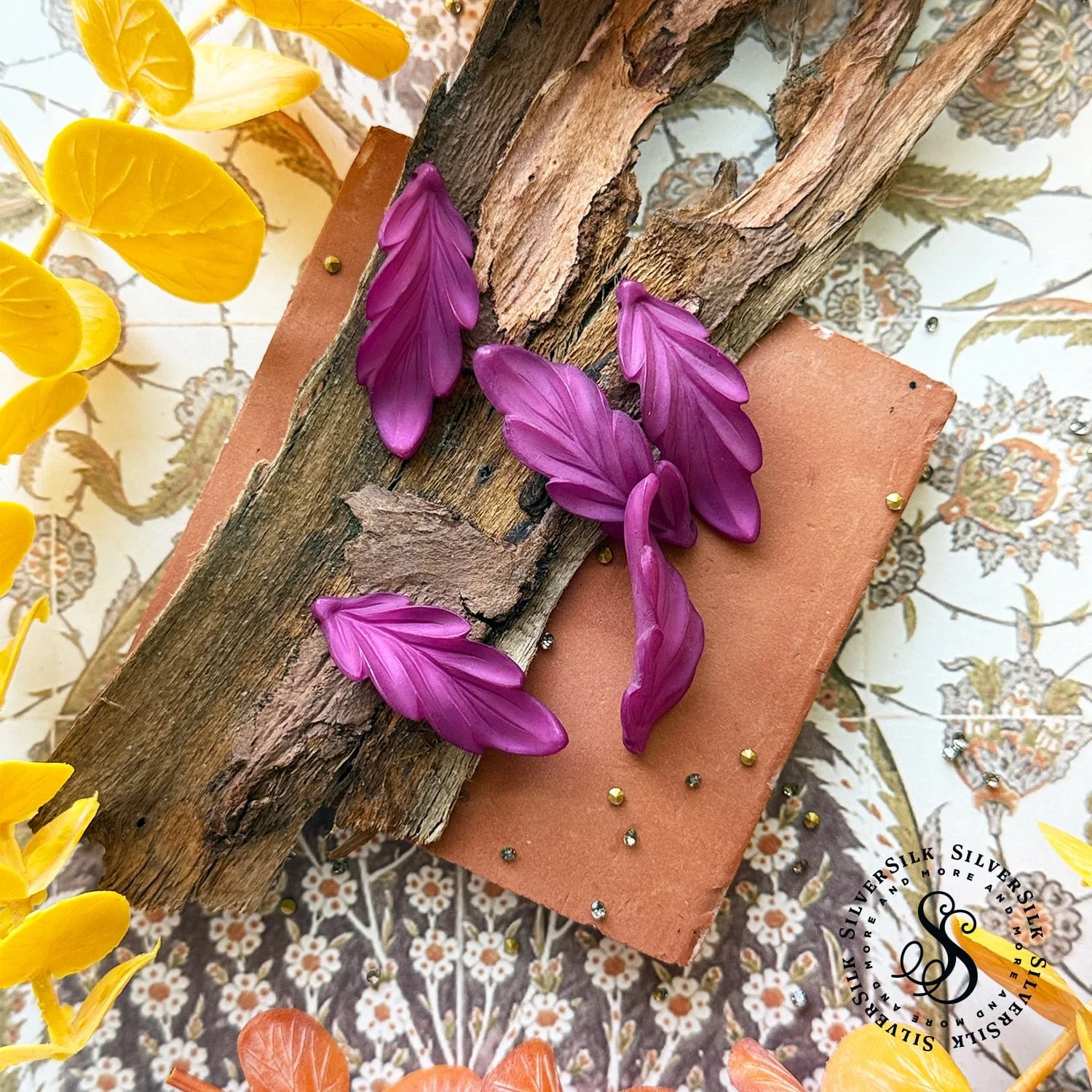 41x15mm Plum German Resin Leaf Pendant - 2pc Set