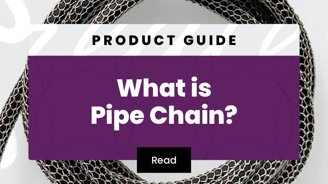 A product guide cover titled 'What is Pipe Chain?' with a black and silver decorative chain in the background and a purple overlay with white text.