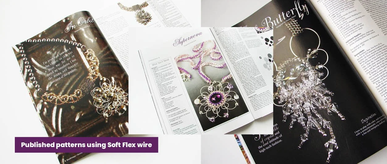 Open magazine pages showcasing jewelry designs, including necklaces and earrings, with the caption 'Published patterns using Soft Flex wire'