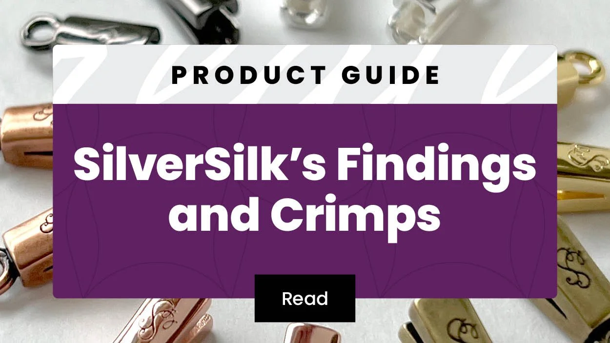Product guide cover titled 'Silversilk's Findings and Crimps' with various metallic crimps in gold, silver, and rose gold colors in the background.