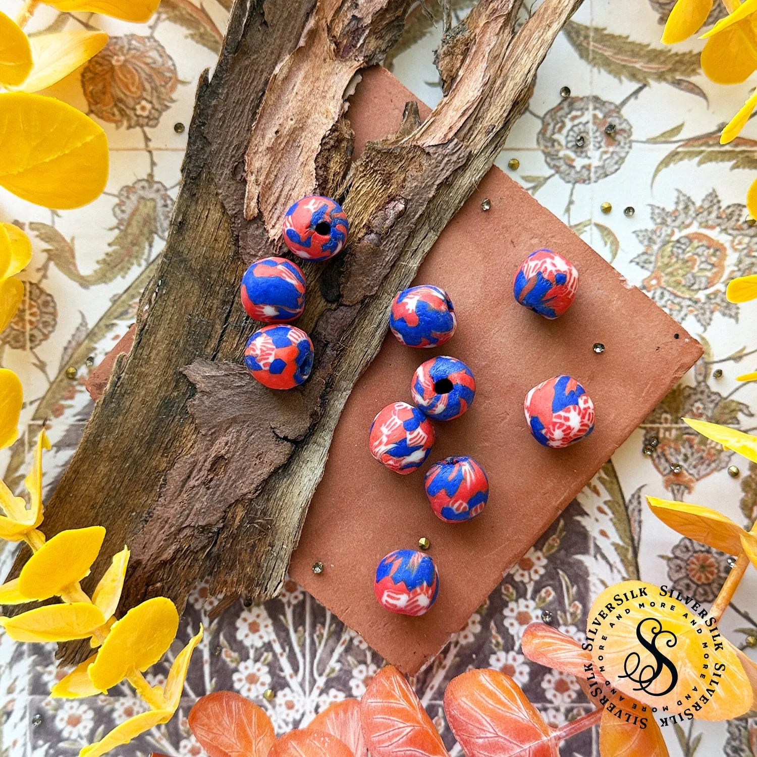 14mm Red/Blue Floral African Glass Beads - 10pc Set