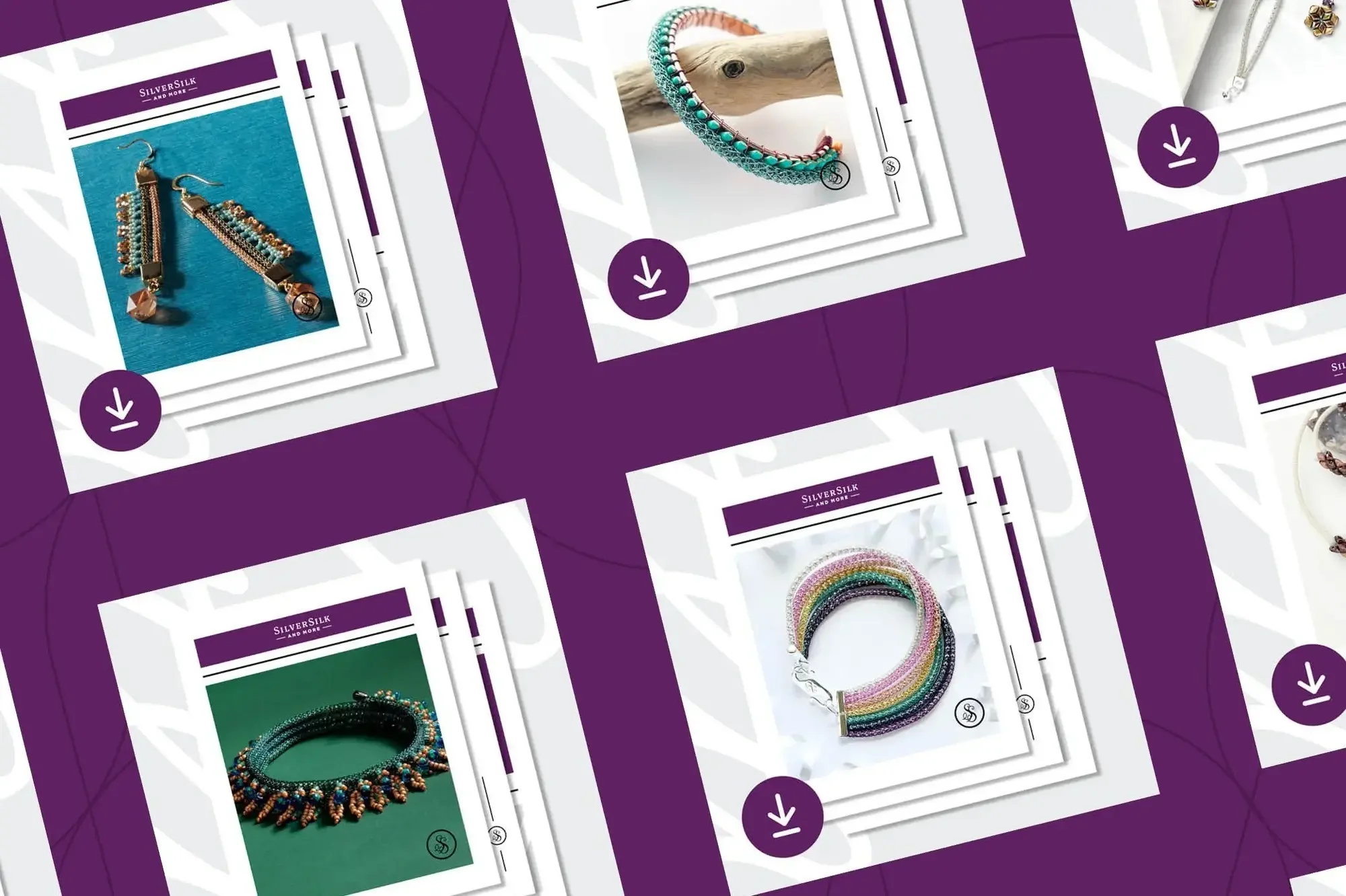 Collection of jewelry catalogs displaying various beaded necklaces and bracelets on colorful backgrounds with purple and white covers.