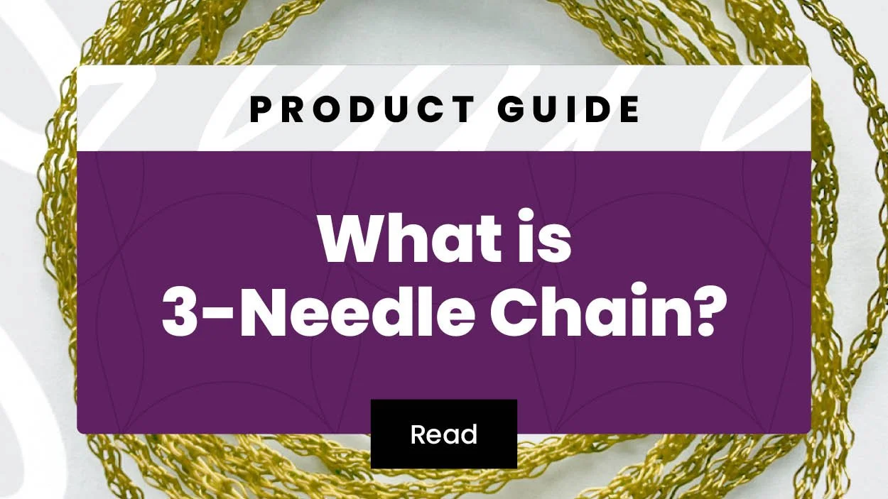 Product guide cover asking "What is 3-Needle Chain?" with a gold chain necklace in the background.