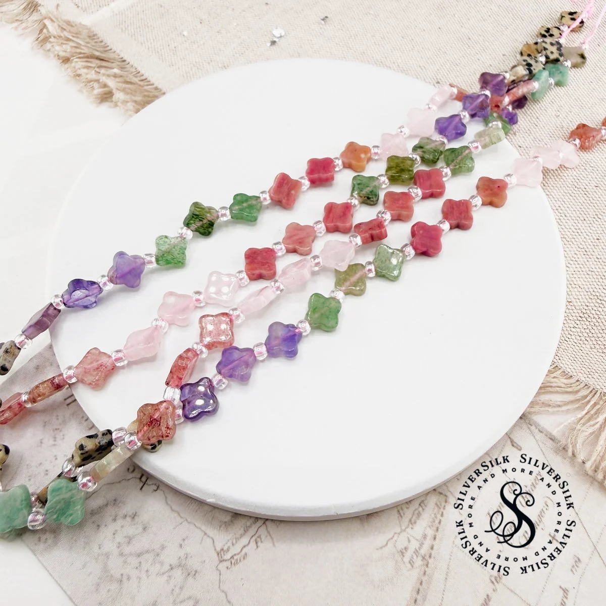 6mm Smooth Quadrifoil Gemstone Mix Bead Set - 15in Strand - Amethyst, Dalmatian Jasper, Rose Quartz, Strawberry Quartz, Moss Agate, Jade