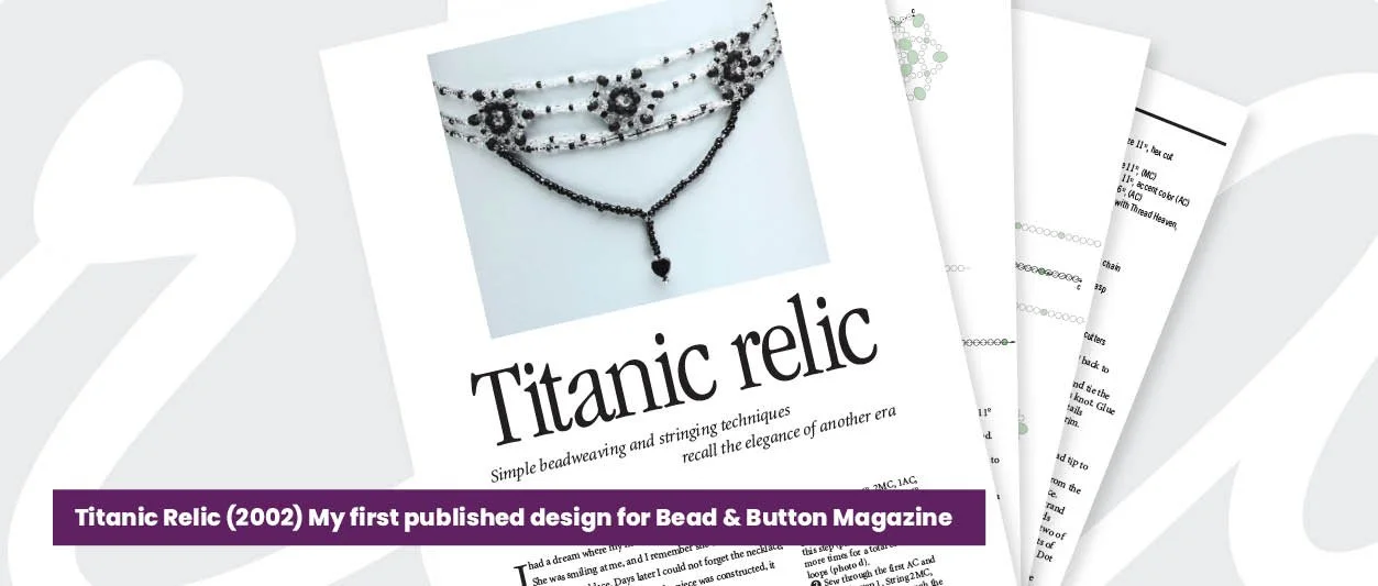Screenshot of a magazine spread featuring a beaded necklace and jewelry with the title "Titanic Relic" and a caption about a jewelry design published in 2002.