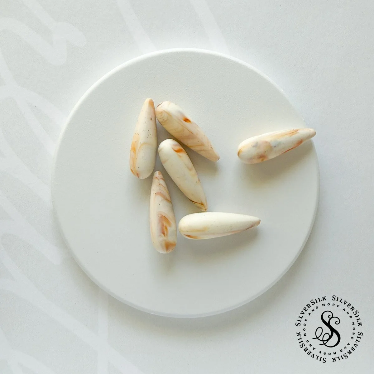 30x10mm Matte Marbled Ivory Vintage German Resin Drop Beads - 2pc Set