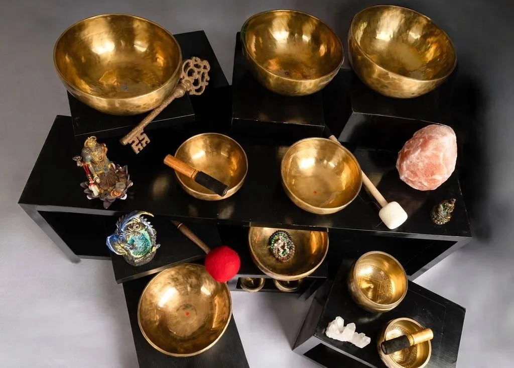 displayed himalayan singing bowls