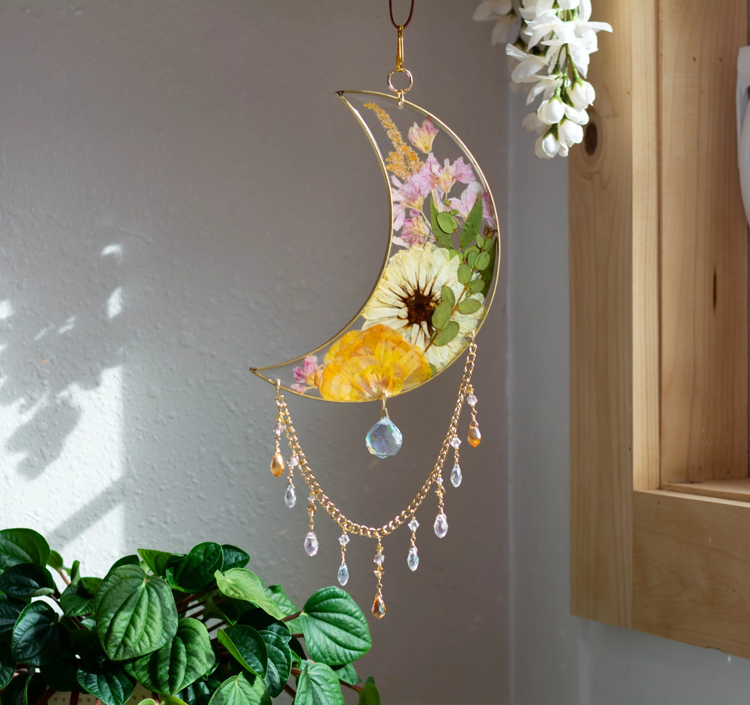 7" brass moon sun catcher, beaded