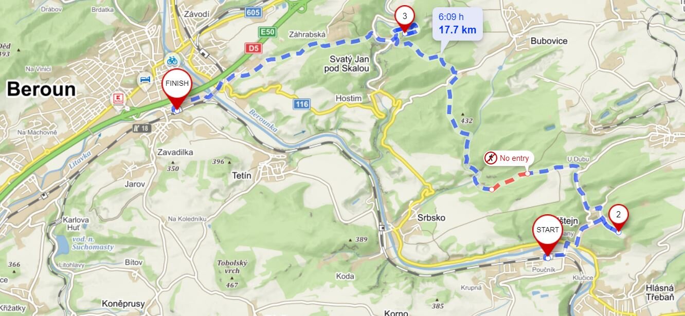 Your route from the Karlstejn railway station to the Beroun railway station