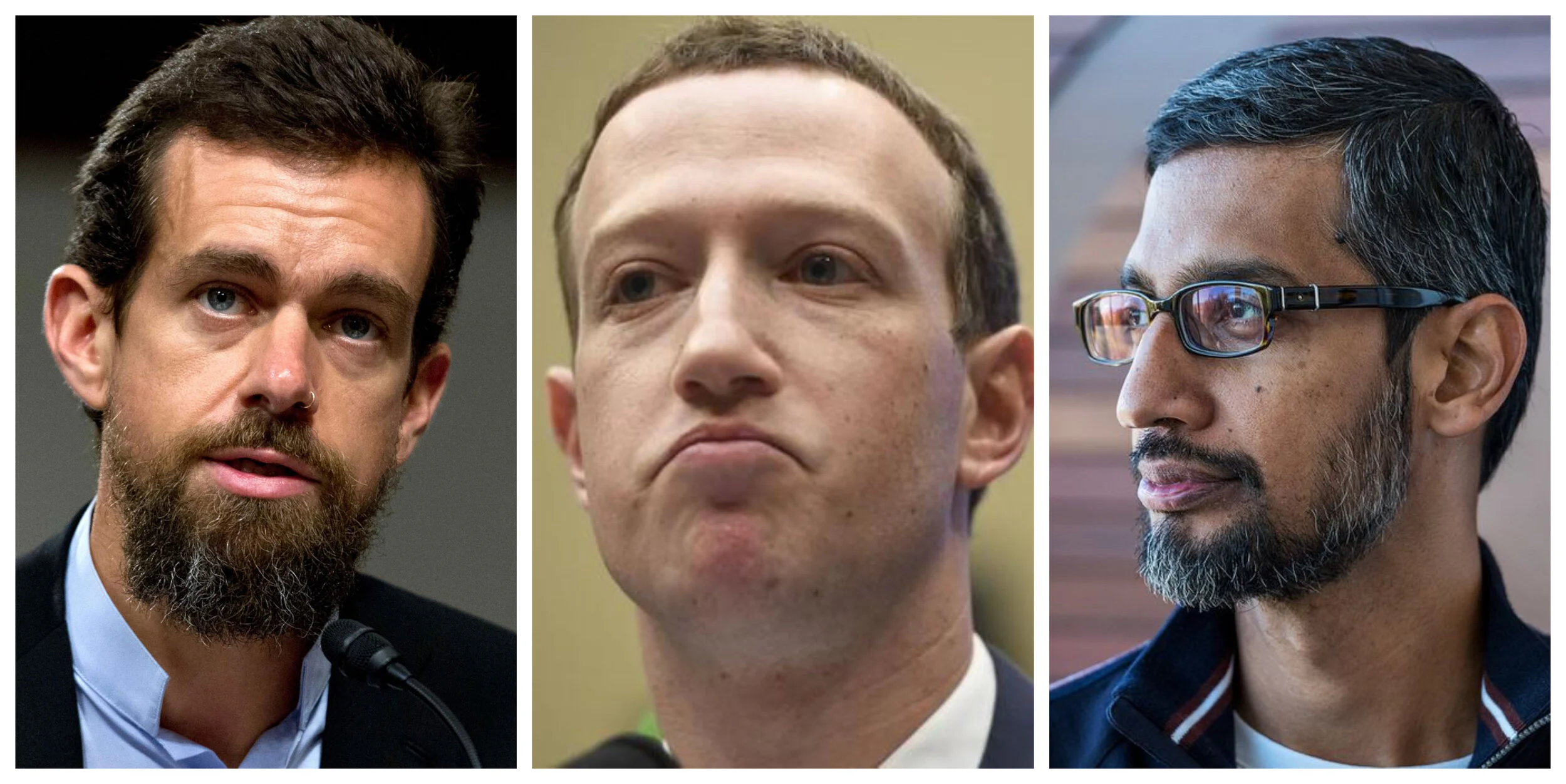 De izq. a der.: Jack Dorsey (director ejecutivo de Twitter), Mark Zuckerberg (director ejecutivo de Facebook) y Sundar Pichai (director ejecutivo de Google y dueño de YouTube)