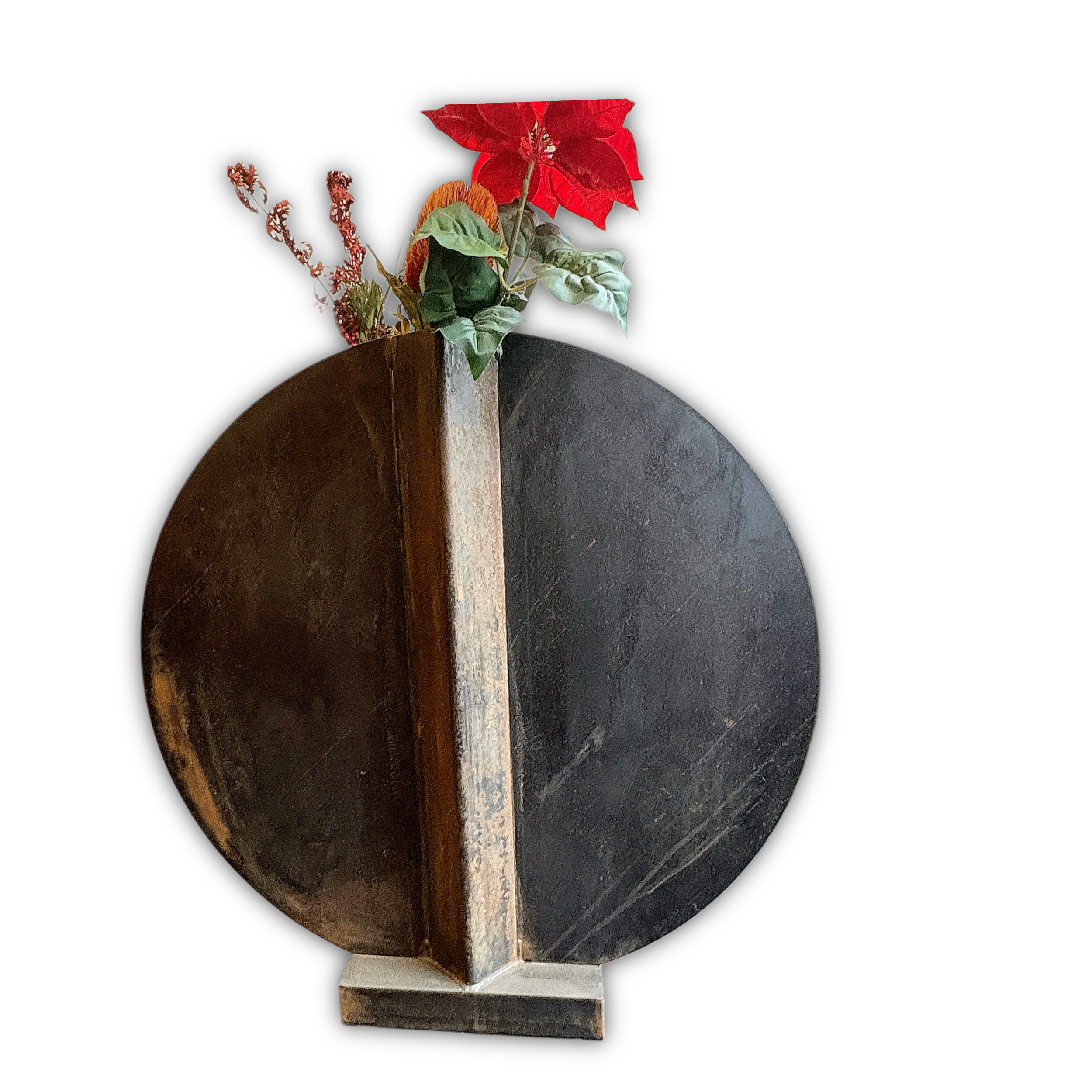 Vase aus Industriestahl, handgefertigte Metallvase, rostige Vase, Designer-Vase H. Erlenbach, Outdoor Vase Metall, skulpturale Vase, Industrial Design Vase