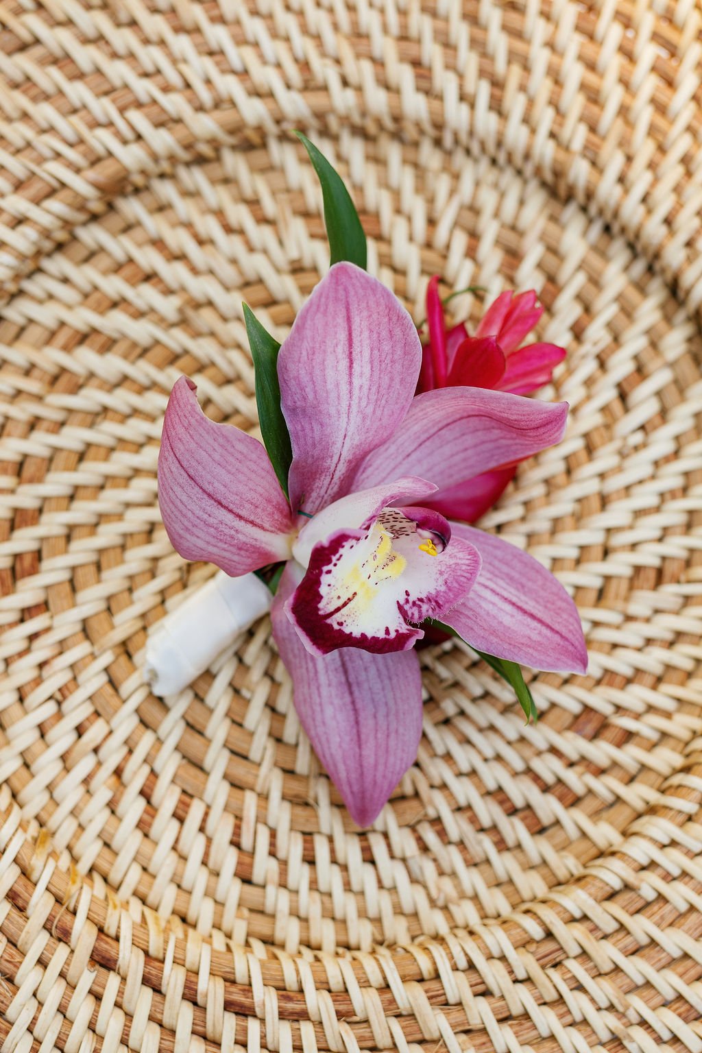 Pink and white orchid flower resting on woven straw hat.