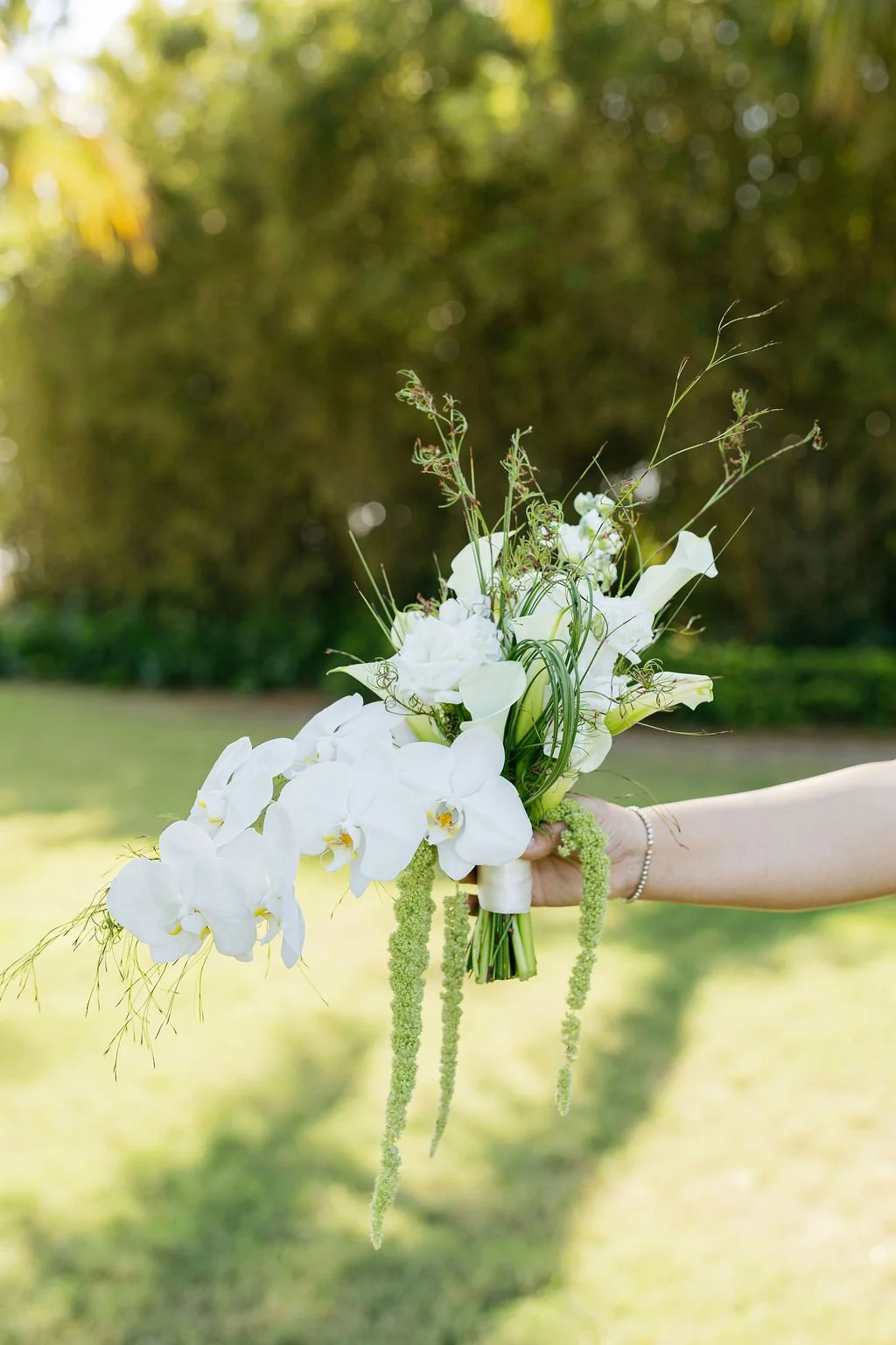 A person holding a cascading bouquet with white orchids and assorted greenery outdoors on a sunny day.