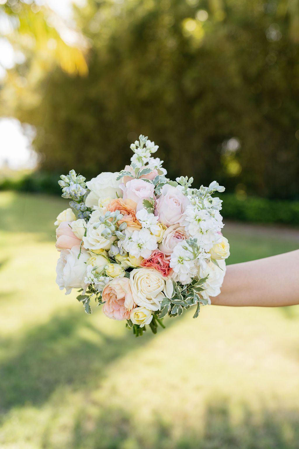 A person holding a bouquet of mixed pastel-colored flowers outdoors, with a blurred green hedge and sunlight in the background.