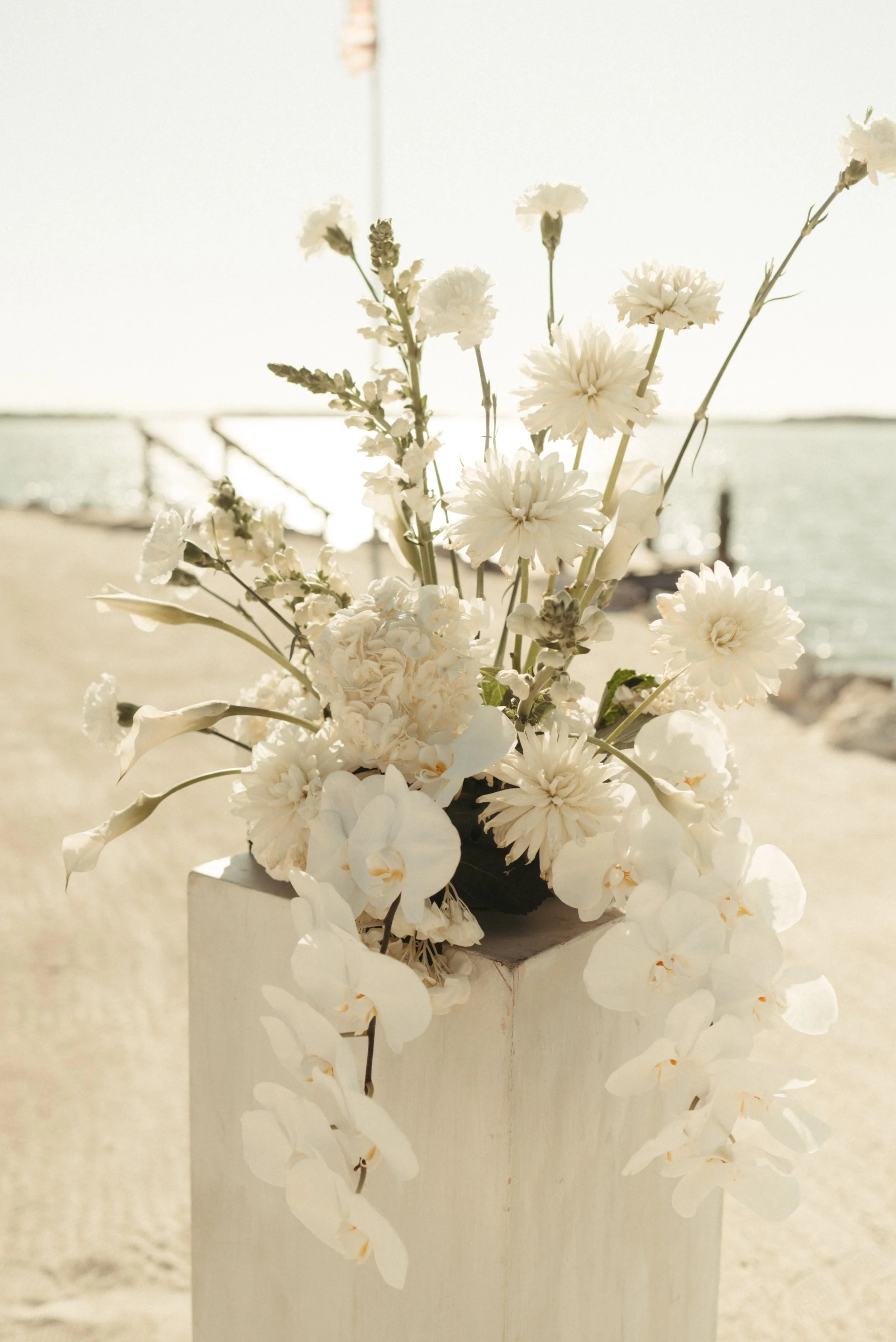 White flowers in a vase on a beachside setting, with calm water in the background.