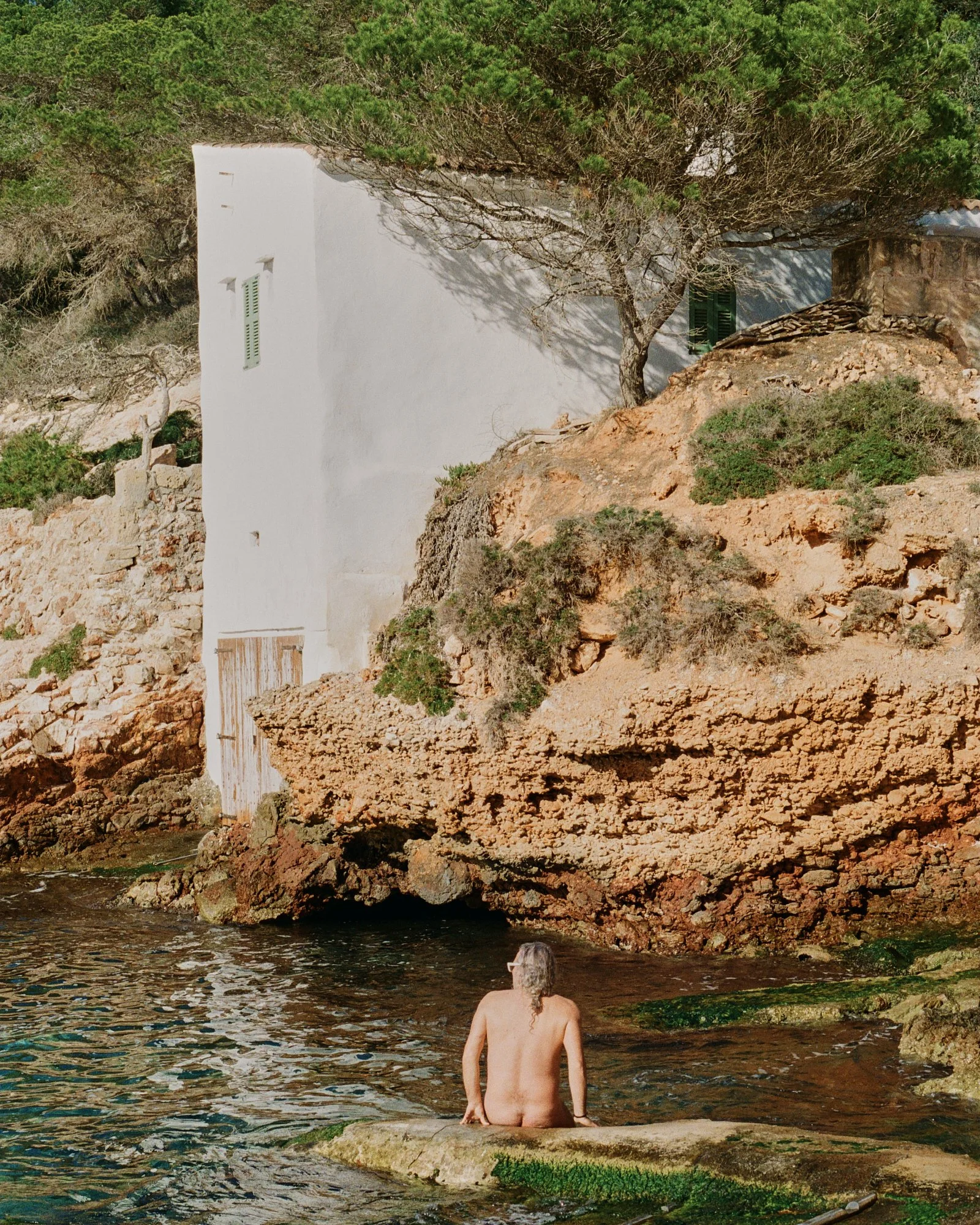 A person sitting on a rock by the water, facing away, with a view of brown rocky shoreline, green trees, and a white building with green shutters in the background.