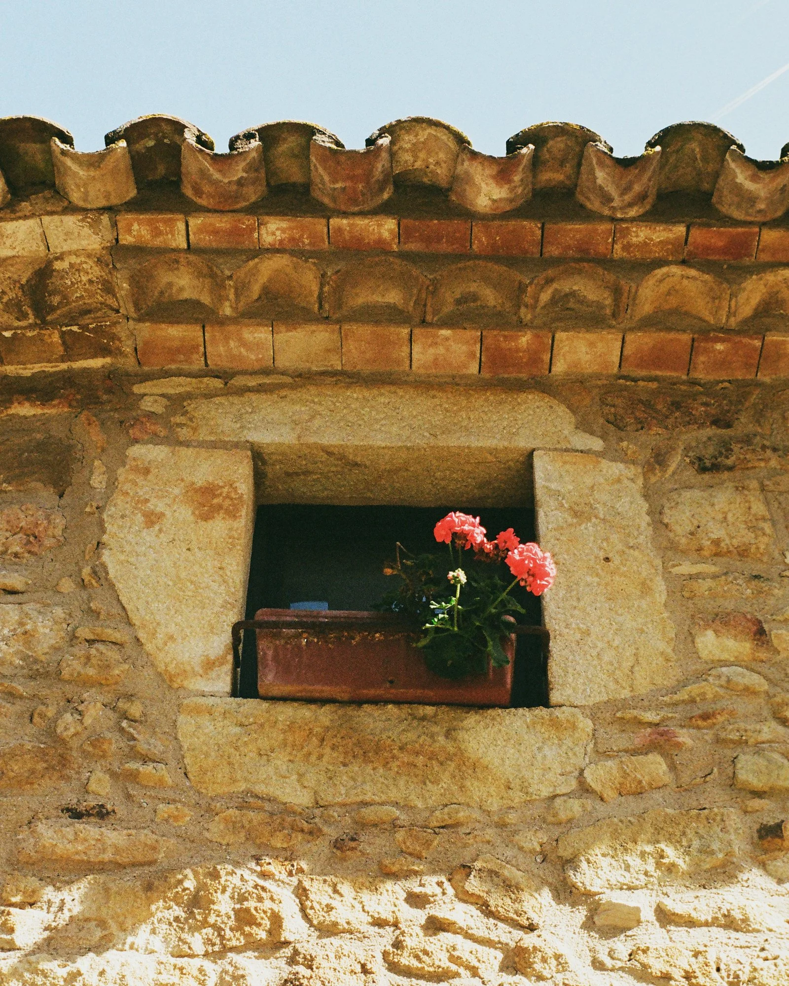 Close-up of a brick and stone fireplace with a pot of pink geranium flowers on the hearth.