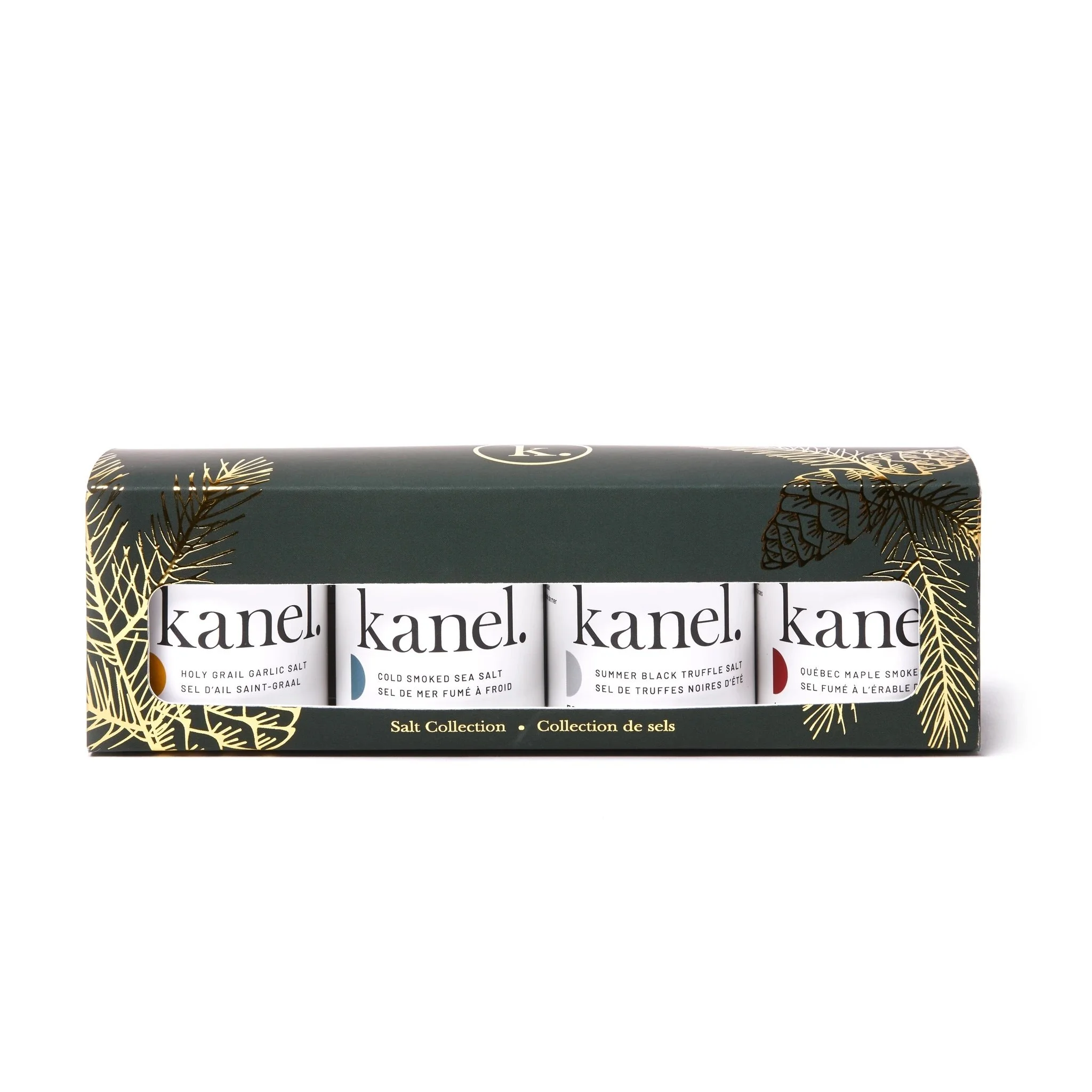 Kanel salt collection packaging featuring four varieties: Holy Grail Garlic Salt, Cold Smoked Sea Salt, Summer Black Truffle Salt, Quebec Maple Smoke Salt, in a decorative box.