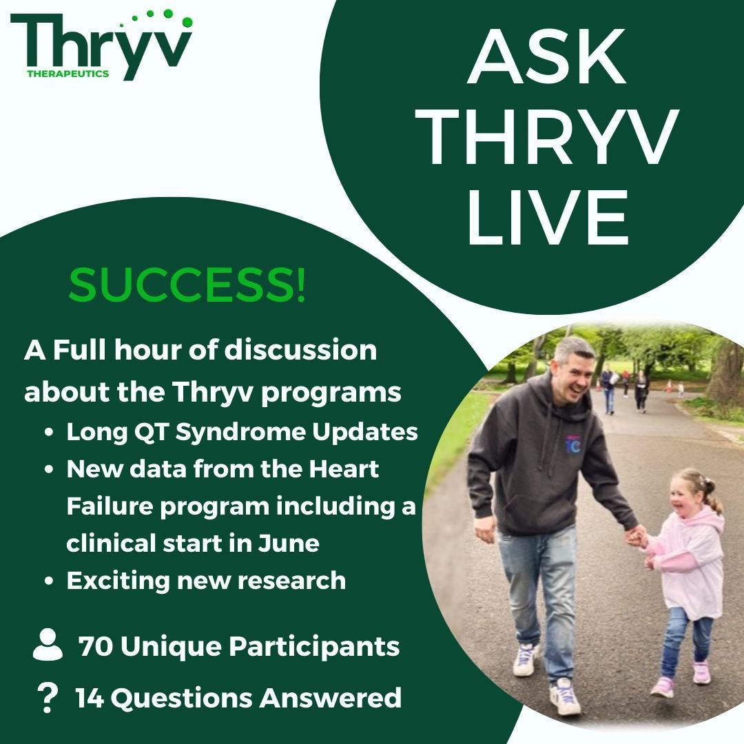 📣 Our inaugural &quot;Ask Thryv Live&quot; webinar was a hit! ✨ We had an hour-long deep dive on all things Thryv, from updates on our Long QT Syndrome &amp; Heart Failure programs to exciting new research on SGK1 and fibrosis. With 70 attendees and