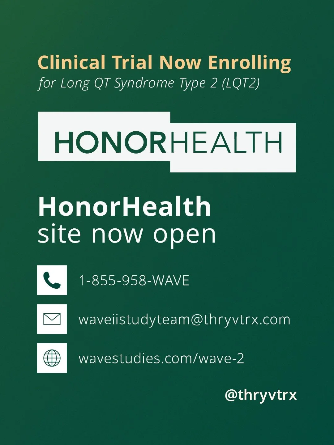 Wave II has a new enrollment site &mdash; and it's now open. 📍 HonorHealth Research Institute &mdash; Scottsdale, AZ is now accepting participants for Wave II, a Phase 2/3 clinical trial for adults with Long QT Syndrome Type 2 (LQT2). Led by Dr. Ank