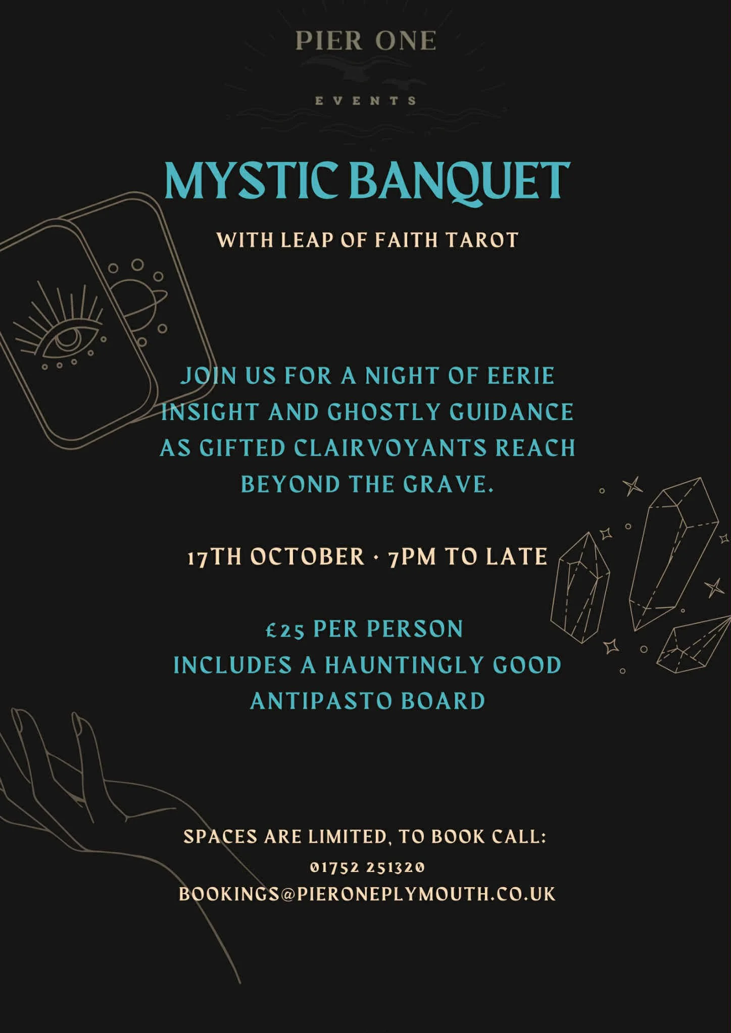 Event poster for Mystic Banquet with Leap of Faith Tarot, date October 17th, 7 PM onwards, ticket price £25 per person, details for booking, with mystical and tarot-themed illustrations.
