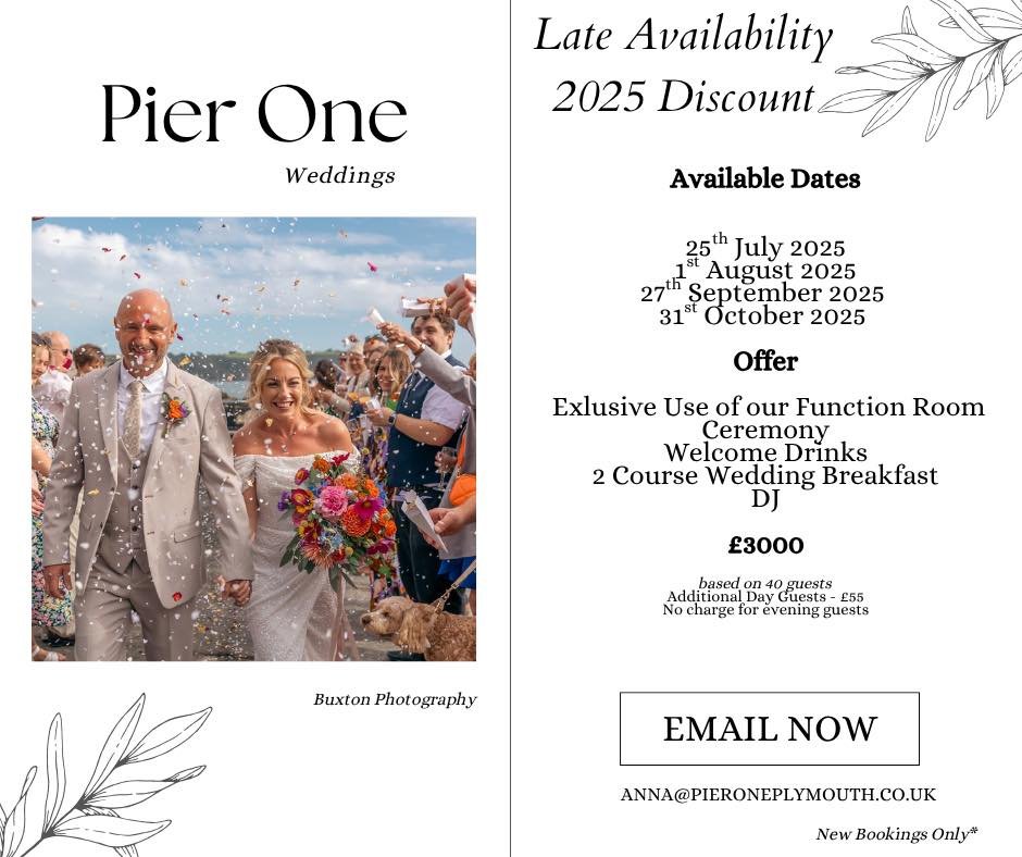 💍 Getting Married in 2025?
We’ve got a stunning last-minute offer for you! 🌊✨
📅 Late Availability Dates:
25th July | 1st August | 27th September | 31st October
🌟 Your Special Day Includes:
✔️ Exclusive Use of Our Function Room
✔️ Ceremony