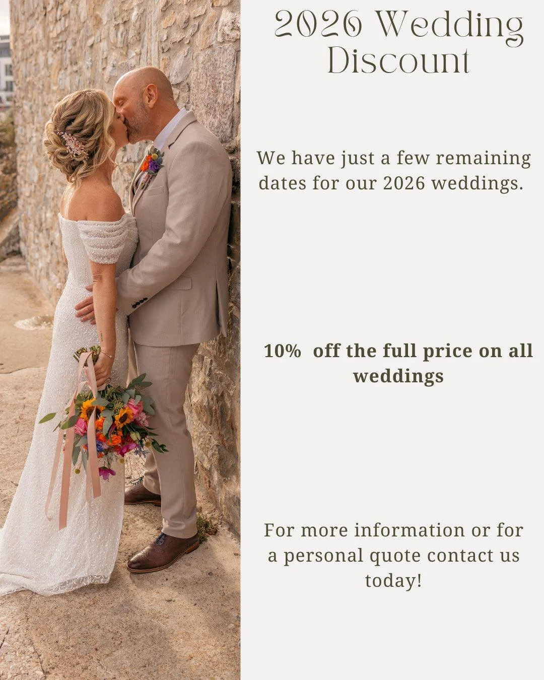 💍 2026 Wedding Offer Alert! 💍

Planning your dream wedding for 2026? We&rsquo;re down to our final few available dates &ndash; and we&rsquo;re offering 10% OFF the full price on all 2026 weddings! ✨

Whether you're envisioning a romantic waterside 