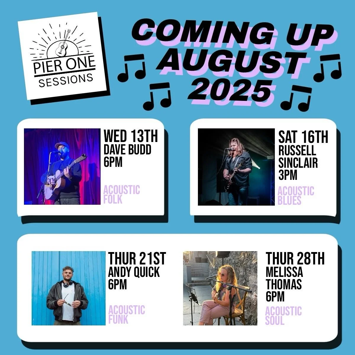 🎶 PIER ONE SESSIONS &ndash; AUGUST 2025 🎶

We&rsquo;ve got an incredible month of live music lined up here at Pier One. With the sunshine on our side, it&rsquo;s shaping up to be one of the best months of the year! 🌞

Here&rsquo;s what&rsquo;s com
