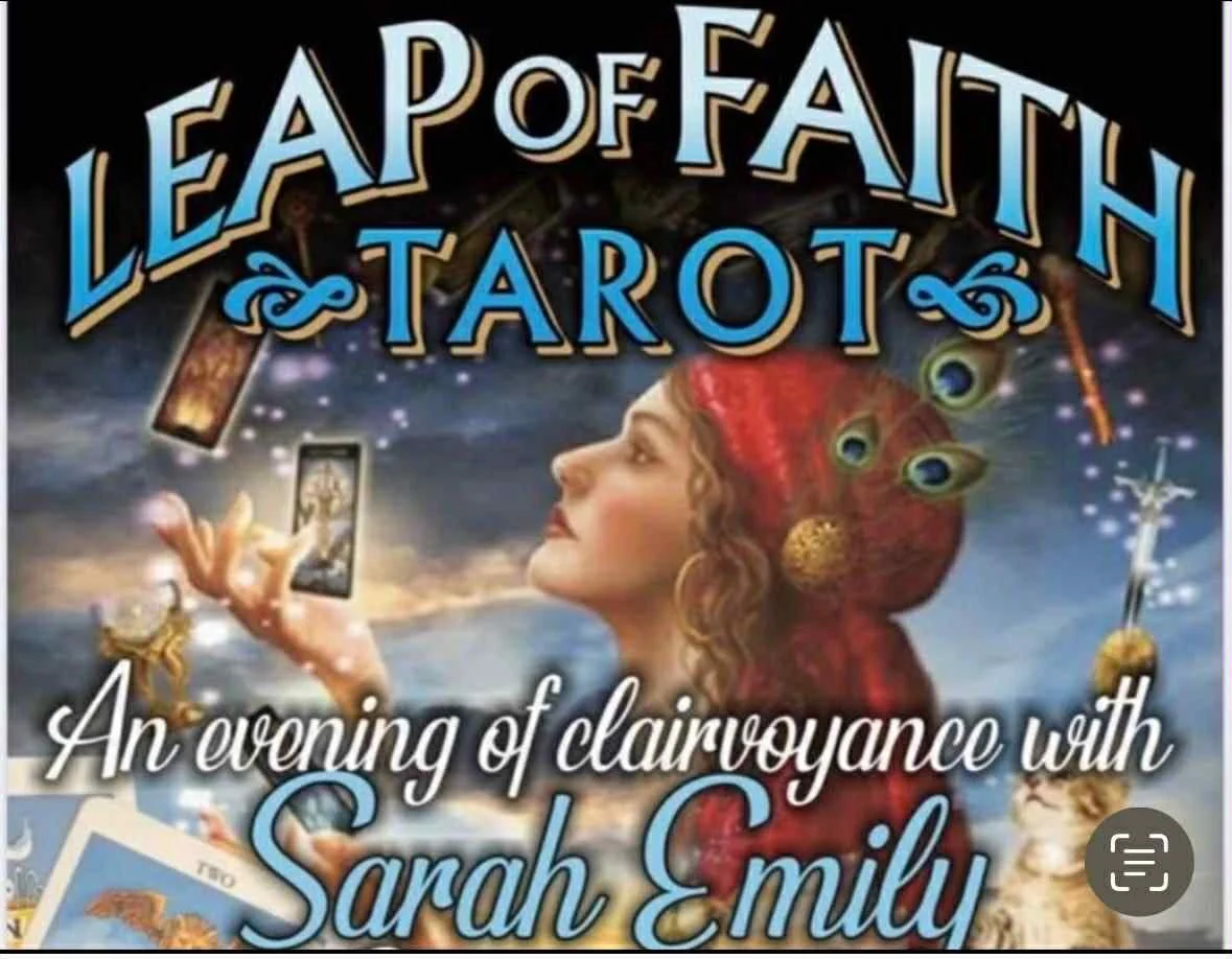 Promotional poster for a tarot card reading evening titled 'Leap of Faith & Tarot' hosted by Sarah Emily. Features a woman with a red headscarf, tarot cards, and mystical imagery including peacock feathers, stars, and a glowing background.